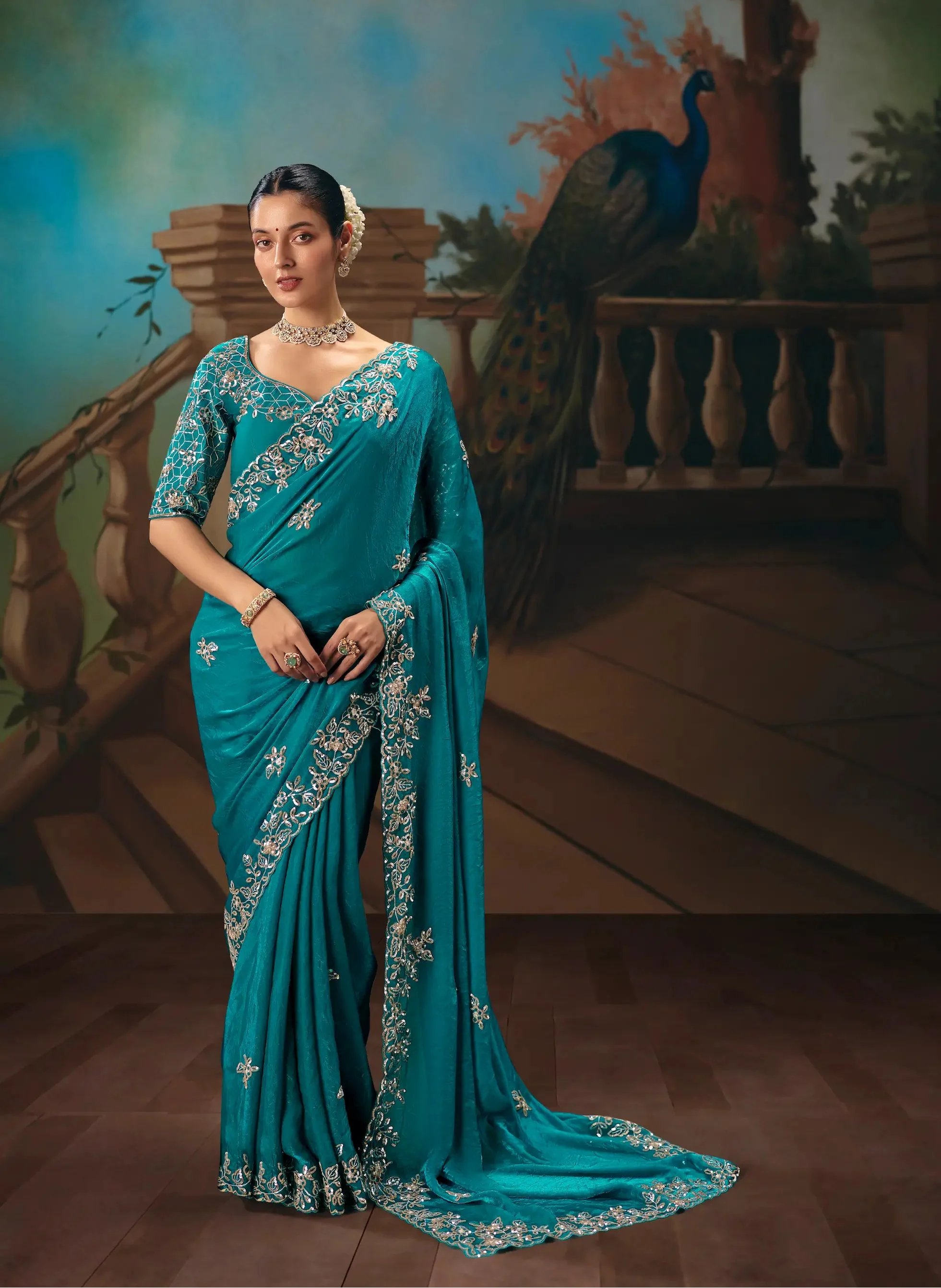 Aqua Blue Fancy Embroidered Saree