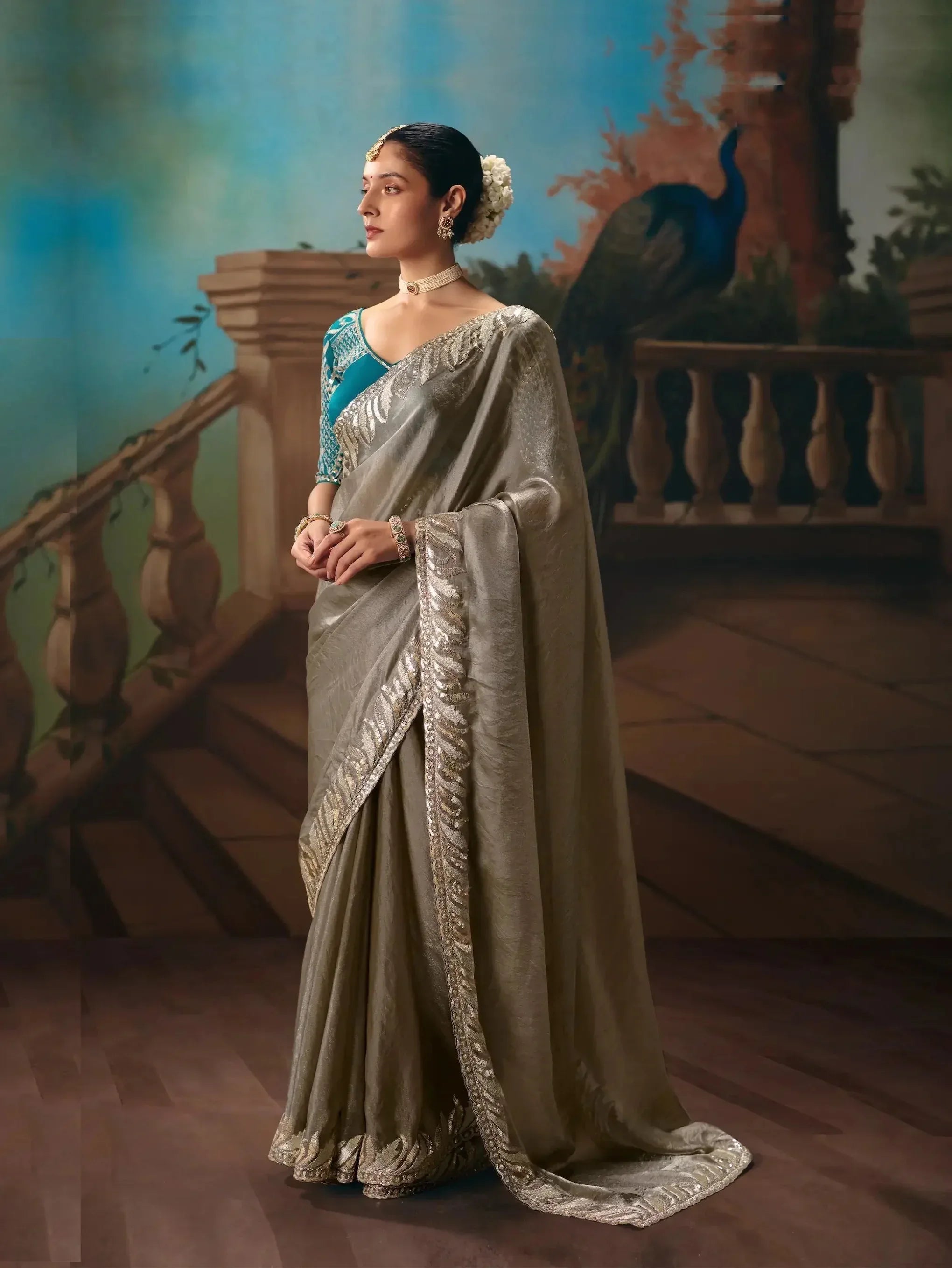 Metalic Grey Fancy Embroidered Saree