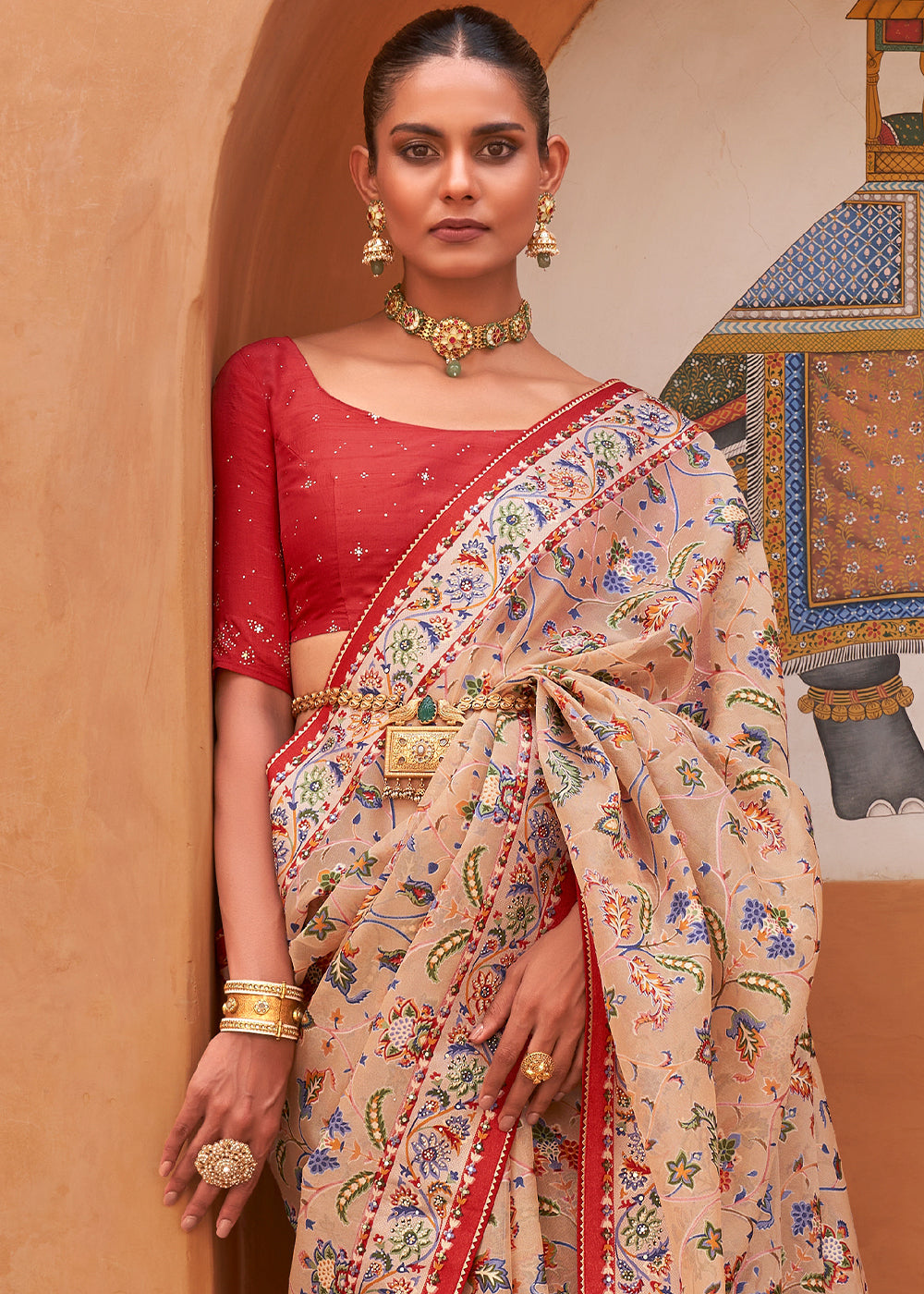 Ecru Brown Patola Printed Tissue Silk Saree with Designer Blouse - qivii