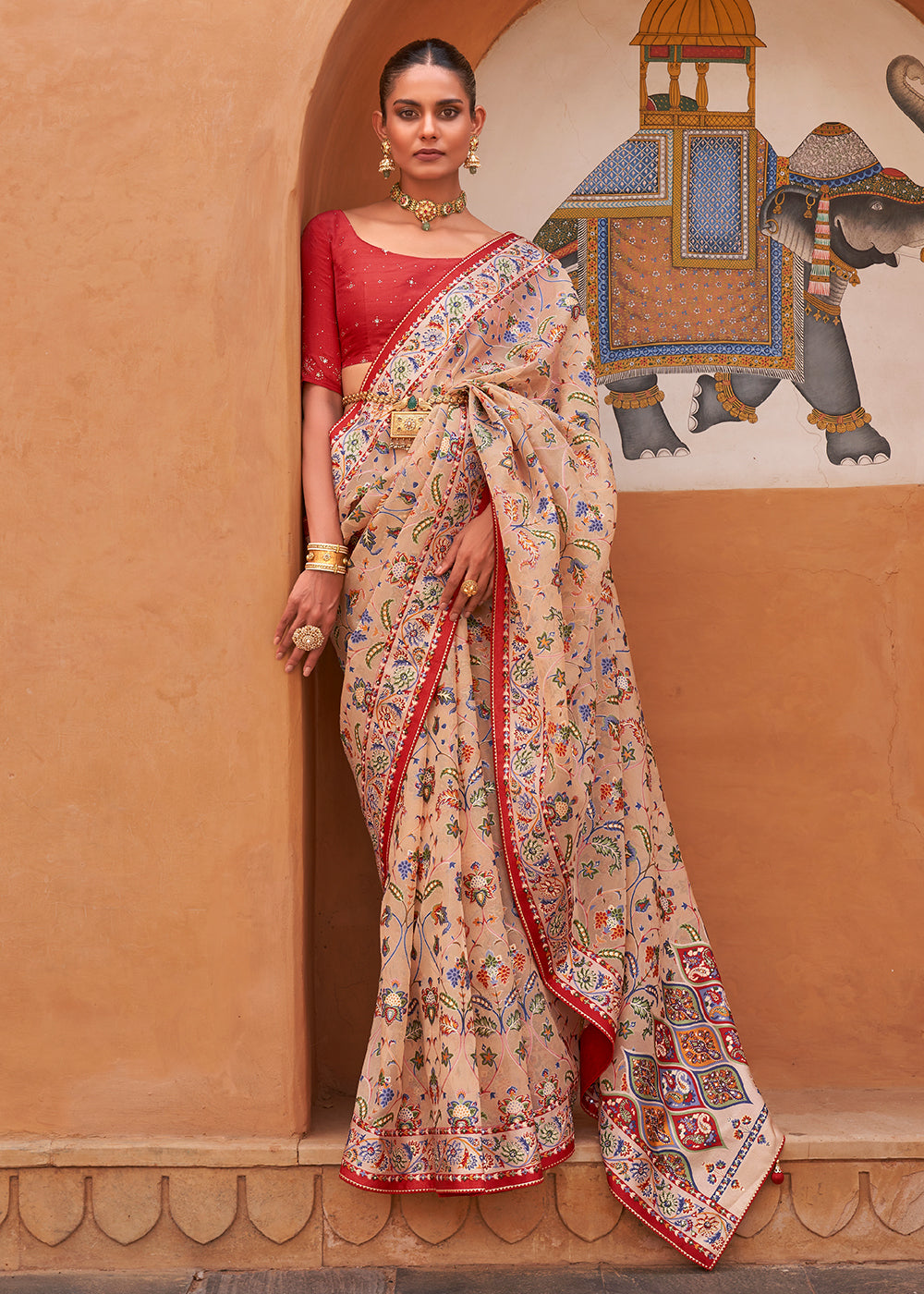 Ecru Brown Patola Printed Tissue Silk Saree with Designer Blouse - qivii