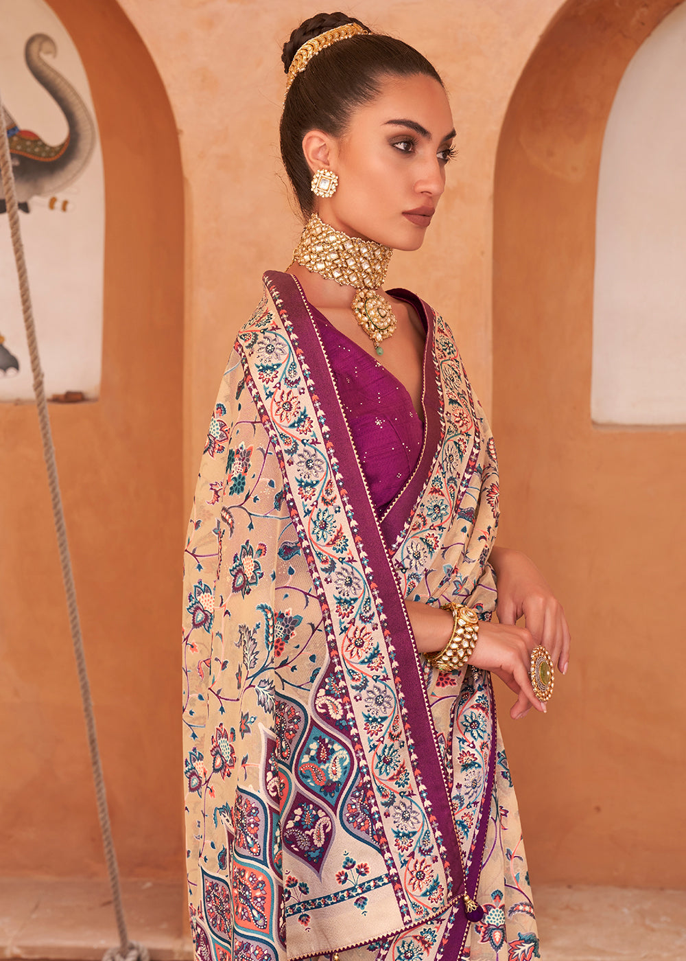 Tan Brown Patola Printed Tissue Silk Saree with Designer Blouse - qivii