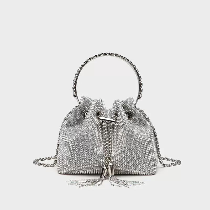 Women's Celestial Cache Bucket - Crystal-Encrusted Drawstring Minaudière with Detachable Constellation Chain