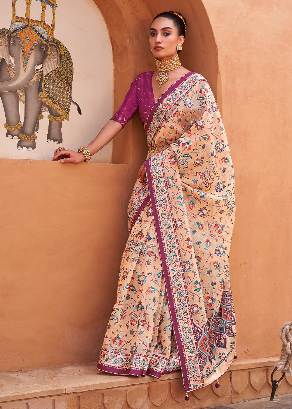 Tan Brown Patola Printed Tissue Silk Saree with Designer Blouse - qivii