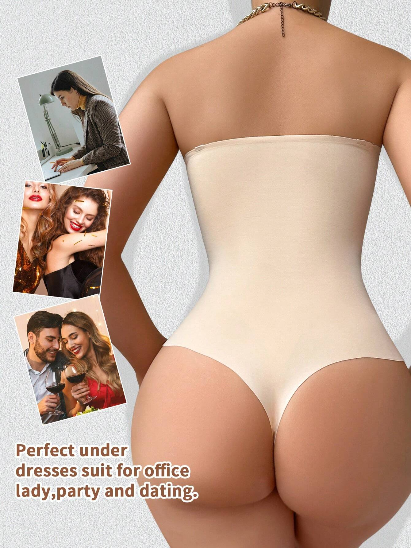 Women's Strapless Tummy Control One Piece Seamless Thong Shapewear Bodysuits - By Qivii