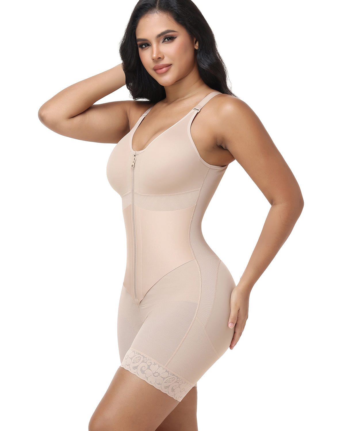 V Neck Adjustable Strap Tummy Conrol Zipper Bodysuit Shaper