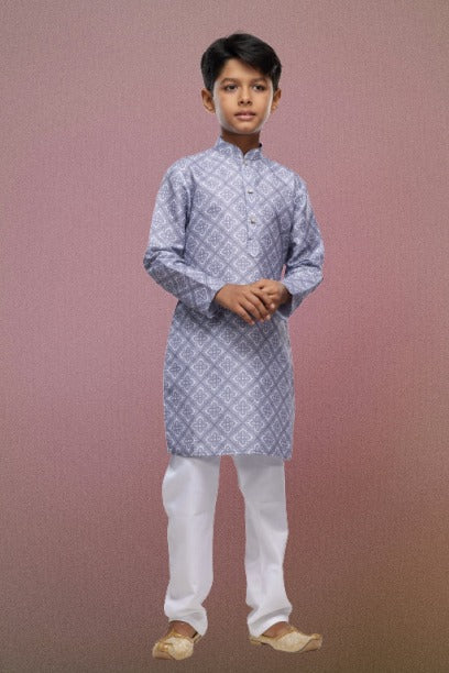 Boy's Grey Cotton Digital Print Kurta Set