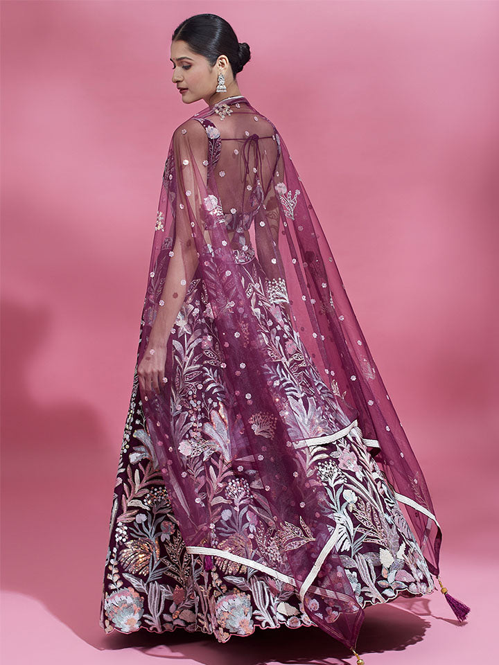 Burgundy - Net Multi-Sequins Work Semi-Stitched Lehenga - qivii