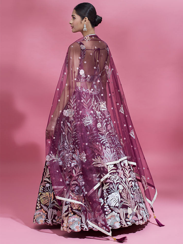 Burgundy - Net Multi-Sequins Work Semi-Stitched Lehenga - qivii