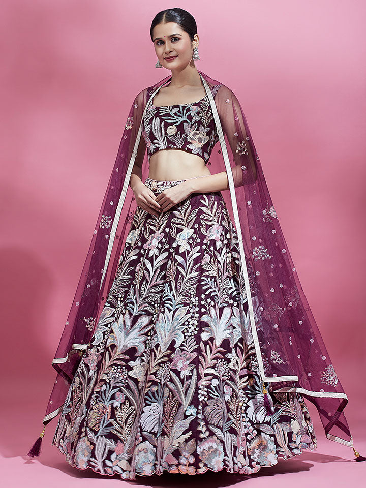 Burgundy - Net Multi-Sequins Work Semi-Stitched Lehenga - qivii