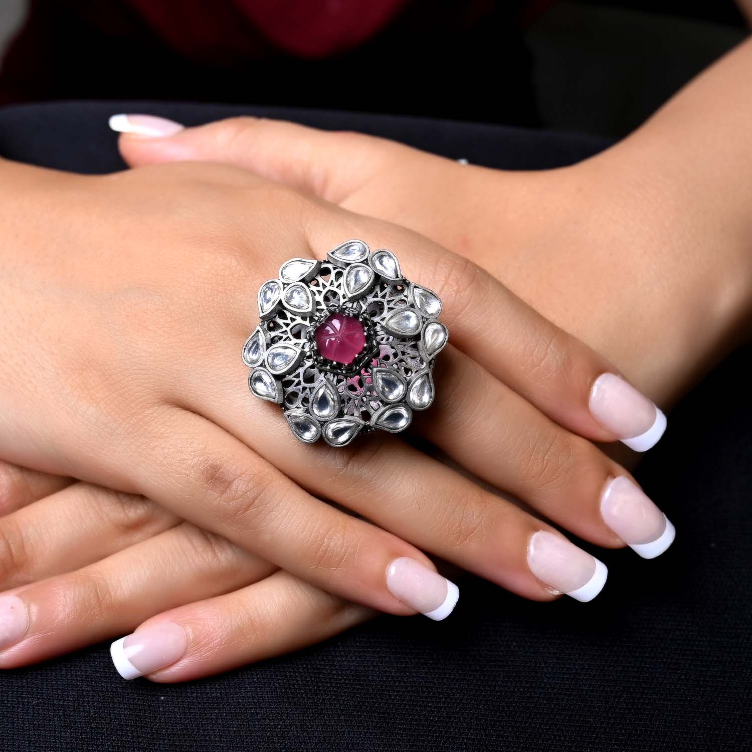 Indira Rose Pink Stone Oxidized Silver Boutique Ring - qivii