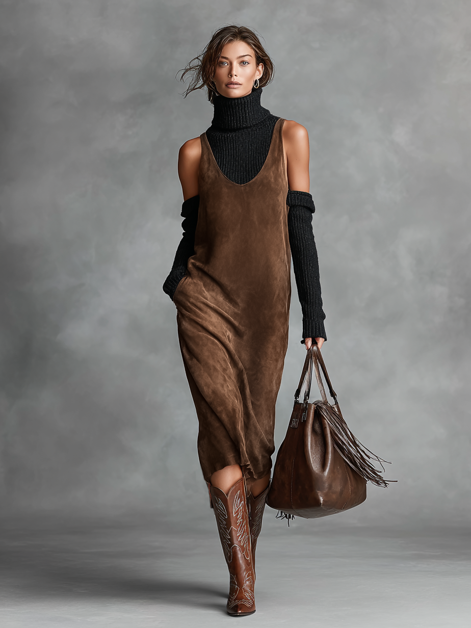 Women's Retro Simple Suede U-Neck Sleeveless Tank Midi Dress MDA0259I1Y