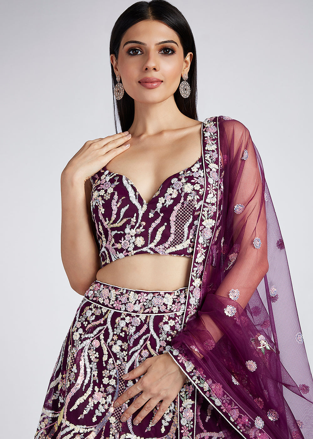 Tyrian Purple Net Lehenga Choli With Sequins & Thread Embroidery Work | Ready To Wear - qivii