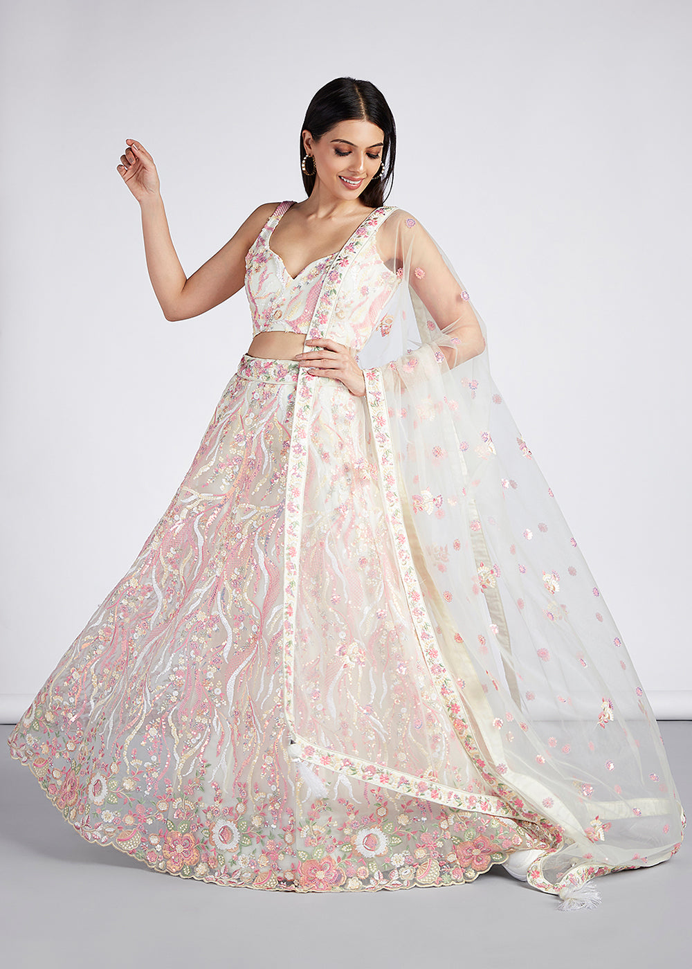 Cream White Net Lehenga Choli With Sequins & Thread Embroidery Work | Ready To Wear - qivii