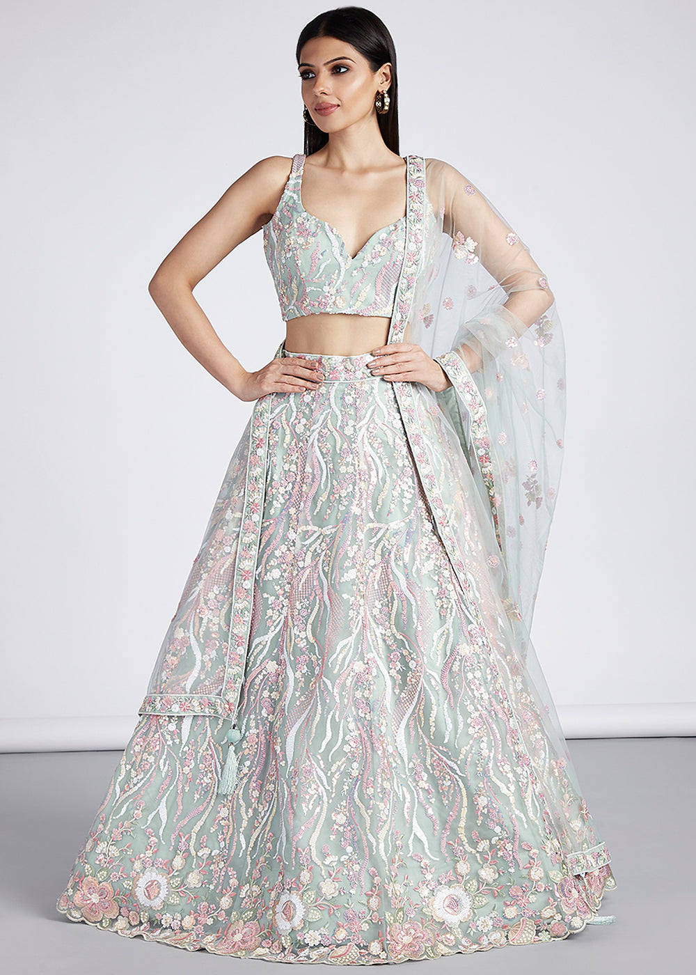 Tea Green Net Lehenga Choli With Sequins & Thread Embroidery Work | Ready To Wear - qivii