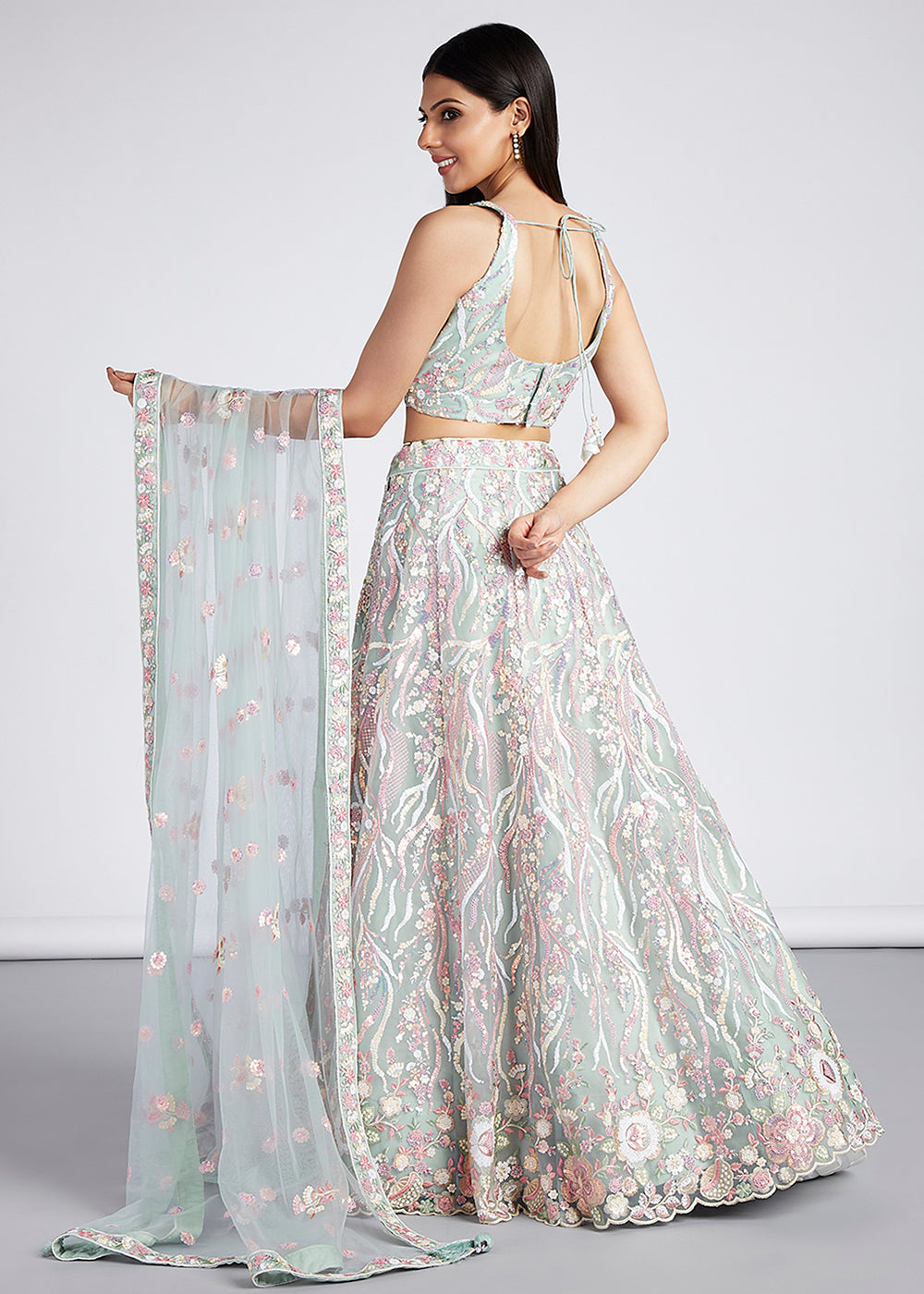Tea Green Net Lehenga Choli With Sequins & Thread Embroidery Work | Ready To Wear - qivii