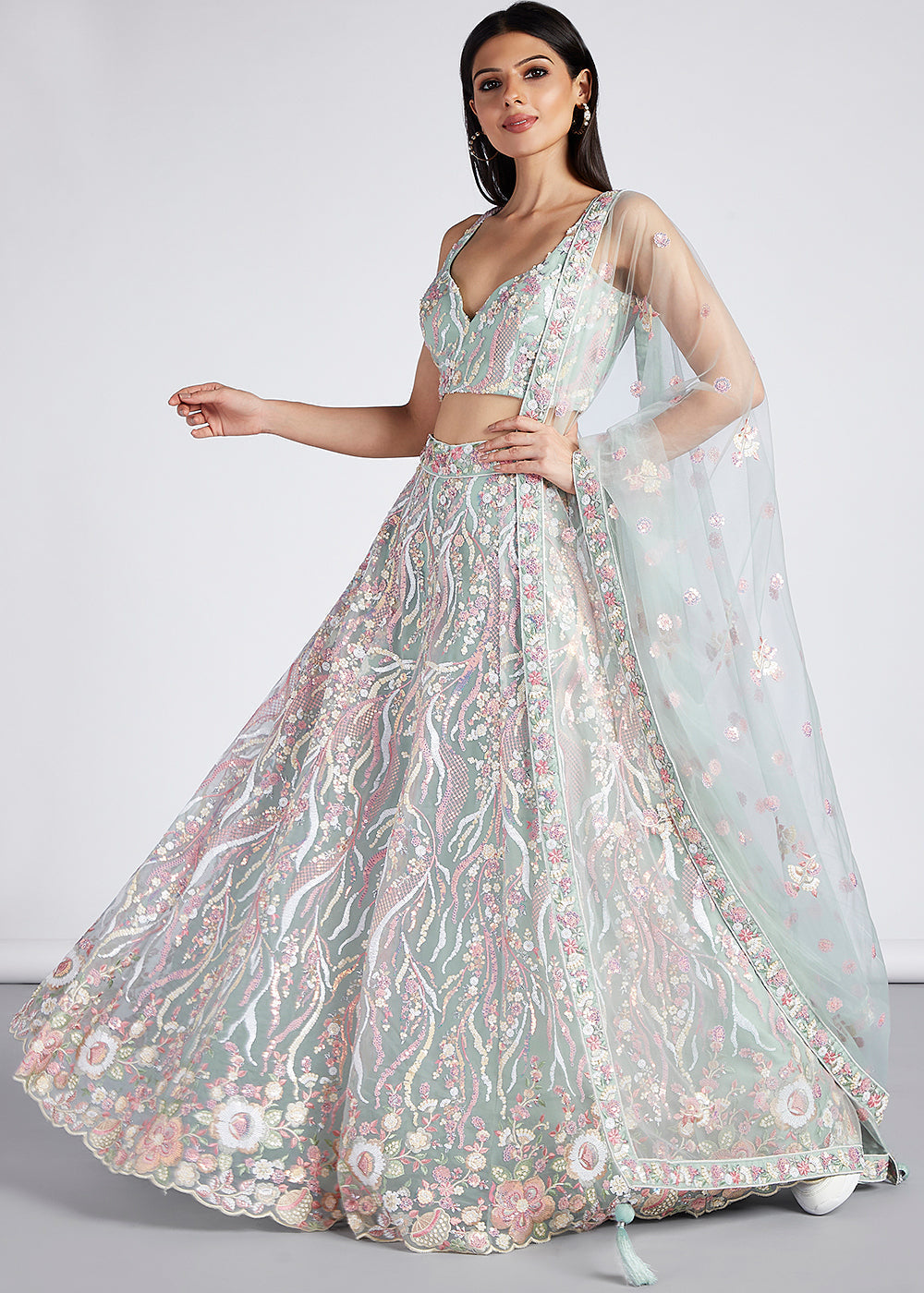 Tea Green Net Lehenga Choli With Sequins & Thread Embroidery Work | Ready To Wear - qivii