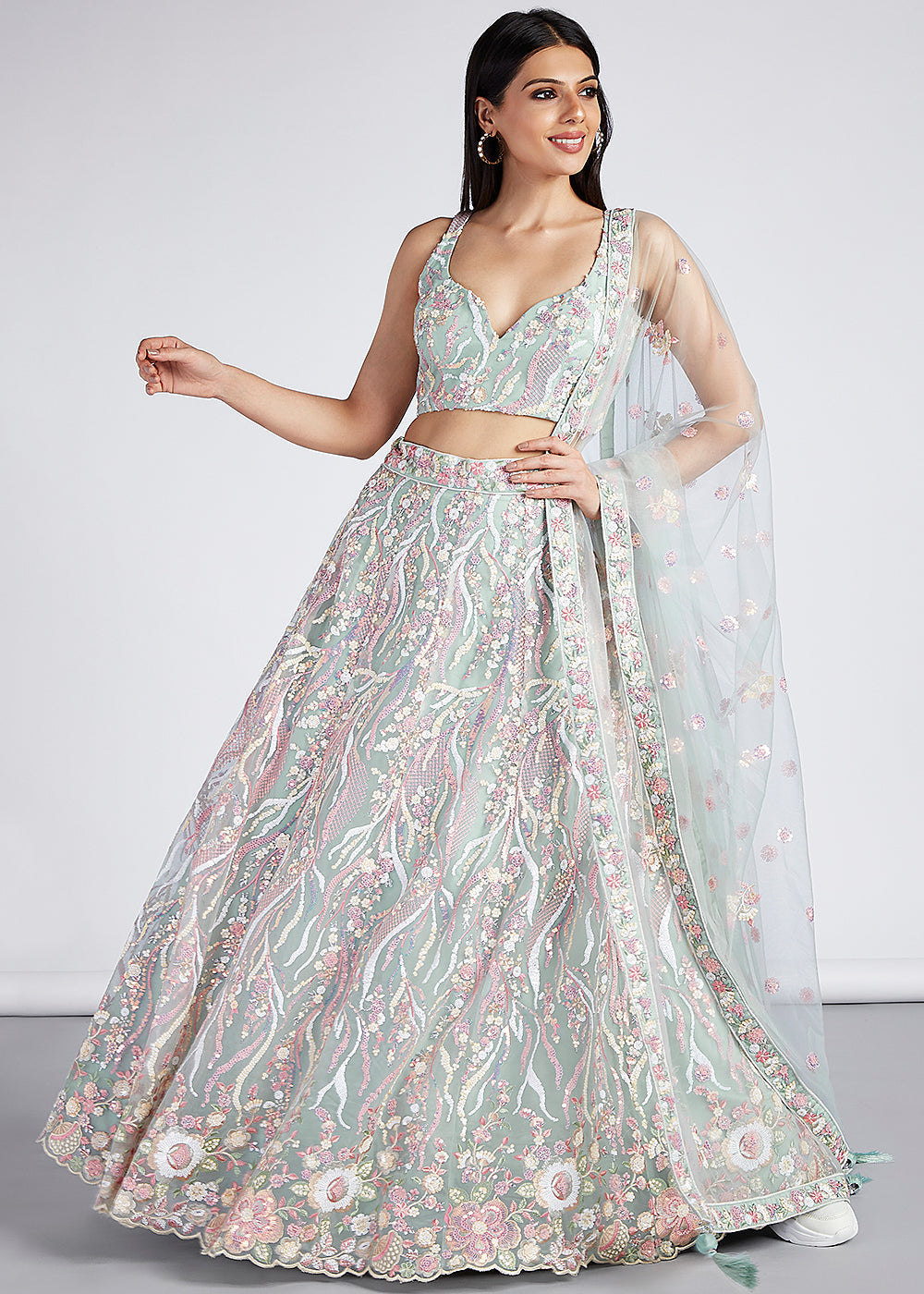 Tea Green Net Lehenga Choli With Sequins & Thread Embroidery Work | Ready To Wear - qivii