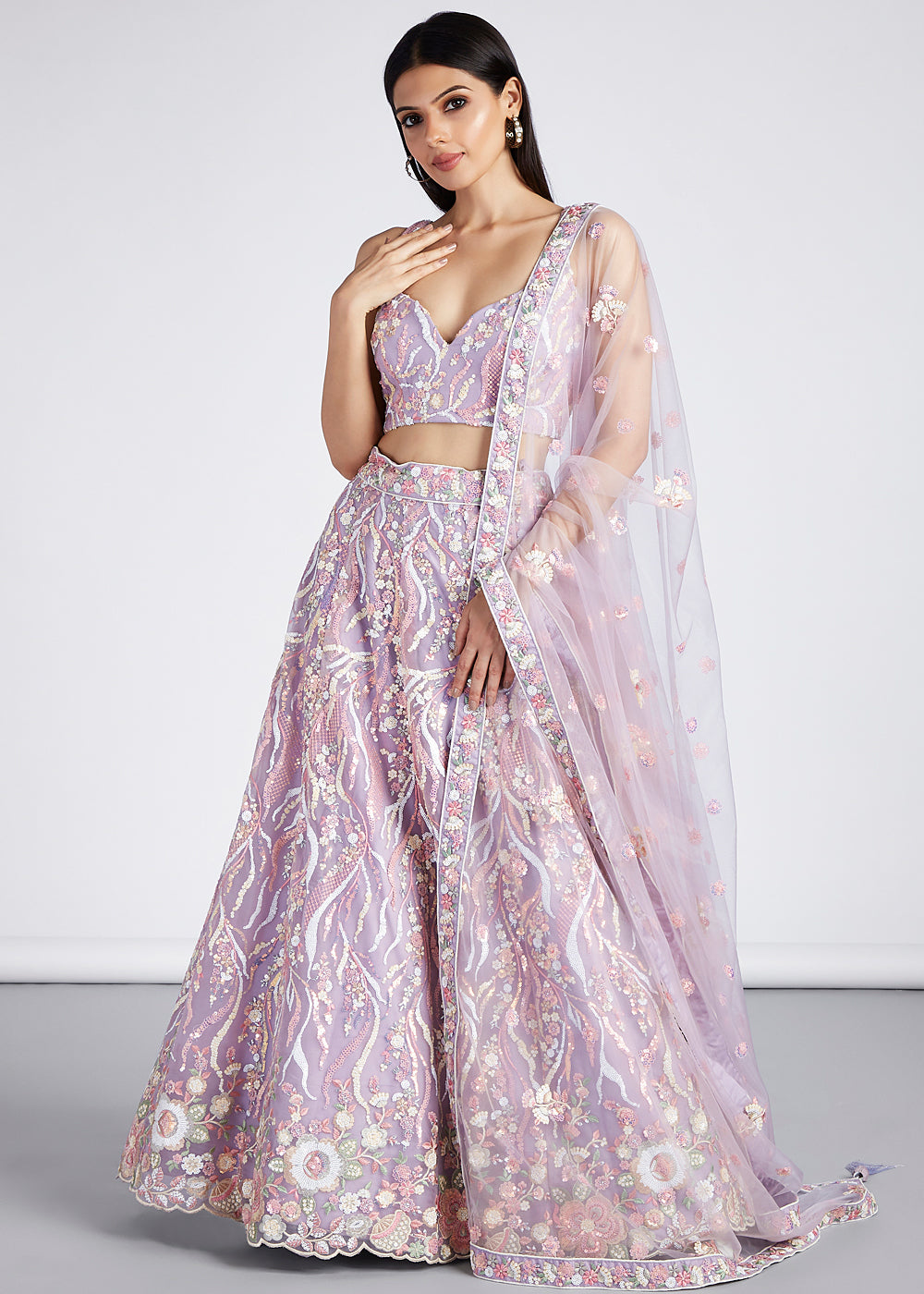 Lilac Purple Net Lehenga Choli With Sequins & Thread Embroidery Work | Ready To Wear - qivii