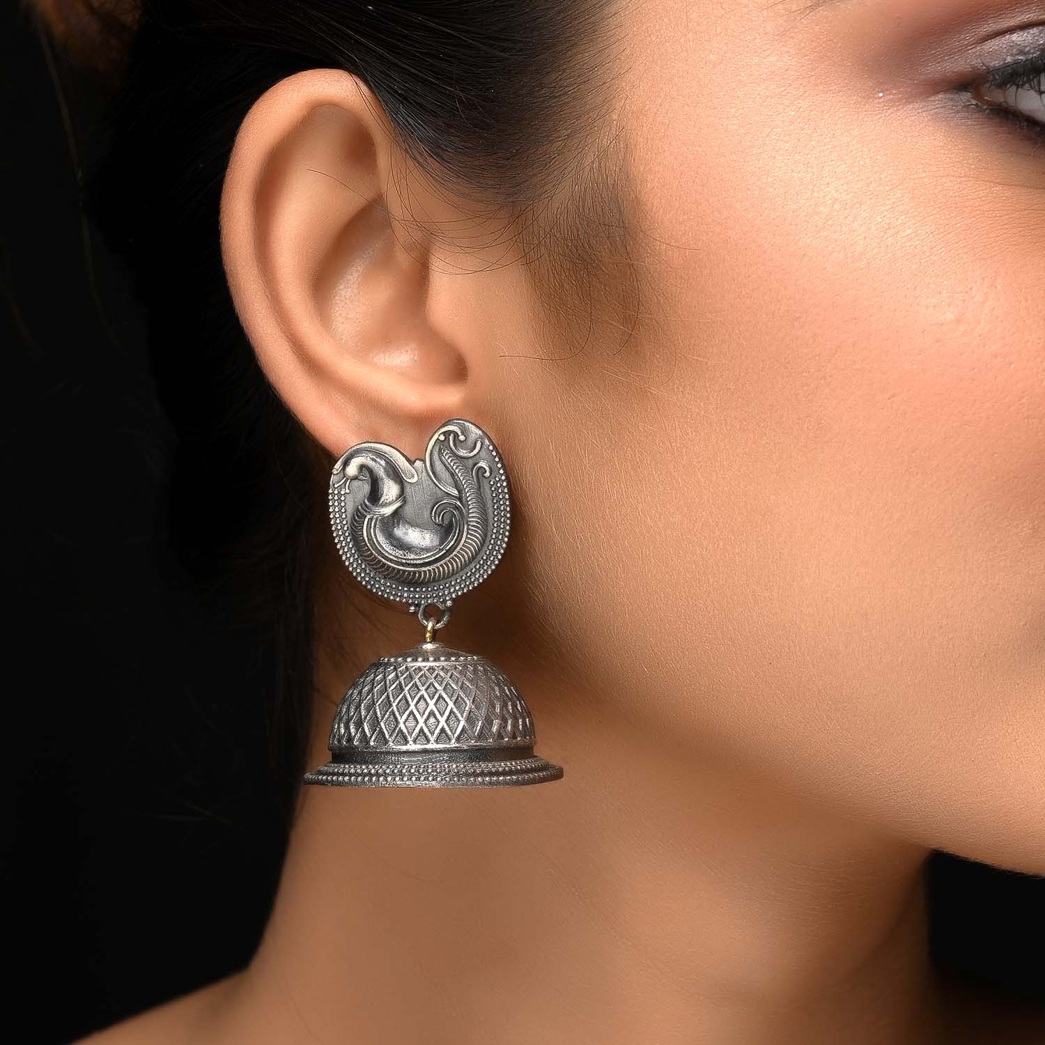Nushratt Plain Oxidized Silver Jhumki - qivii