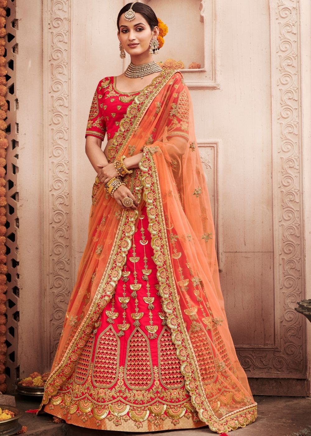 Punch Pink Silk Bridal Lehenga Choli with Heavy Thread Embroidery and Stone work | Ready To Wear - qivii