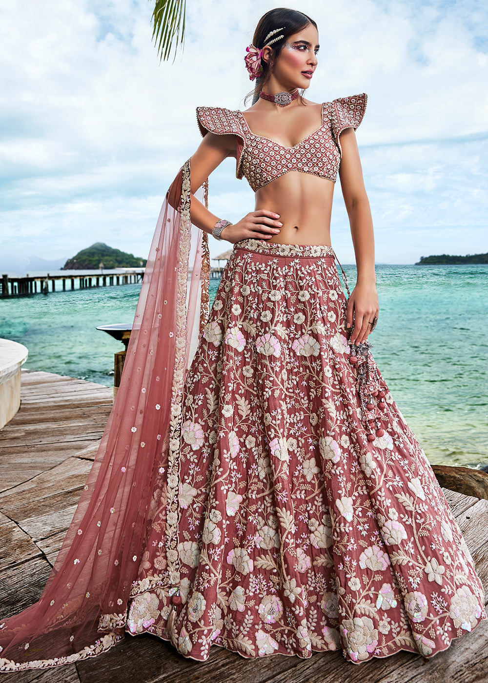 Rose Gold Georgette Lehenga Choli With Sequins & Zarkan Embroidery Work | Ready To Wear - qivii