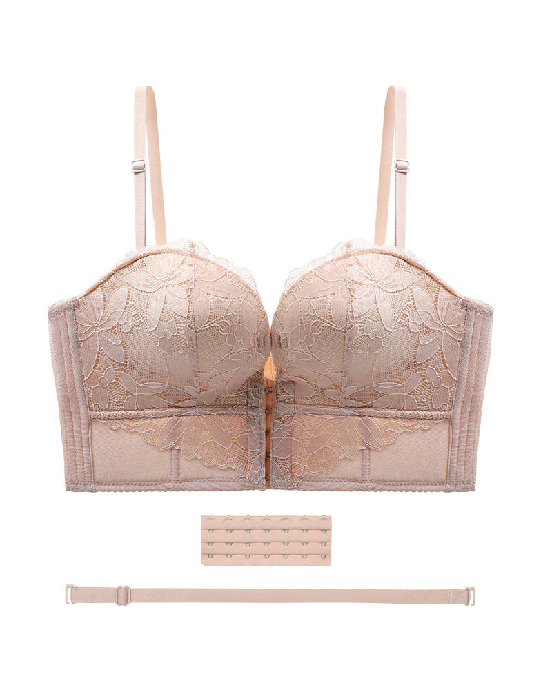 Front And Back Closure Strapless Push-up 7 Row Buckles Bra Non-slip Lace Brassiere - By Qivii