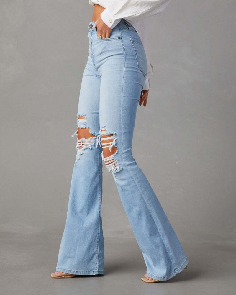High Waist Ripped Jeans Women Street Style Flared Pants - By Qivii
