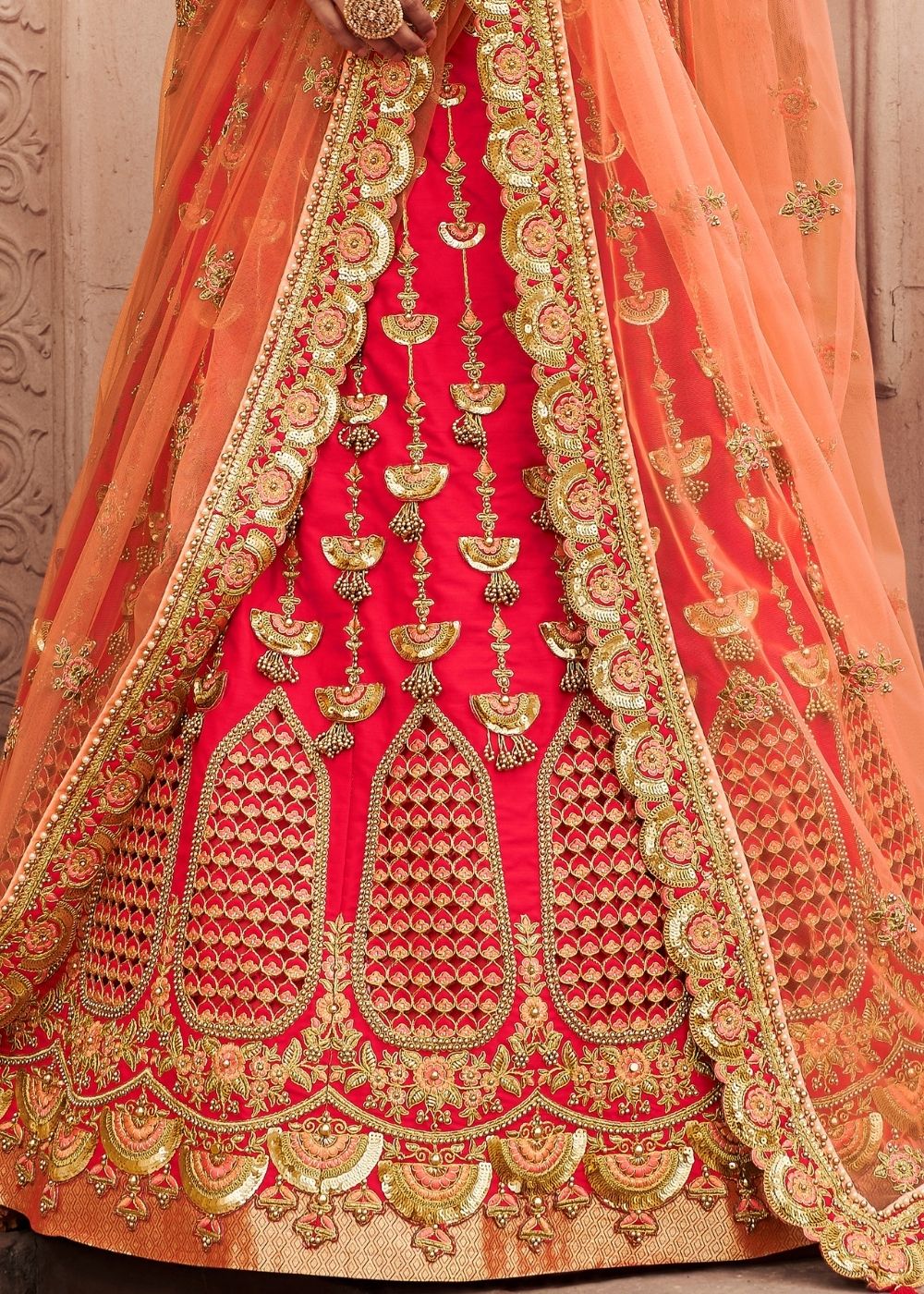 Punch Pink Silk Bridal Lehenga Choli with Heavy Thread Embroidery and Stone work | Ready To Wear - qivii