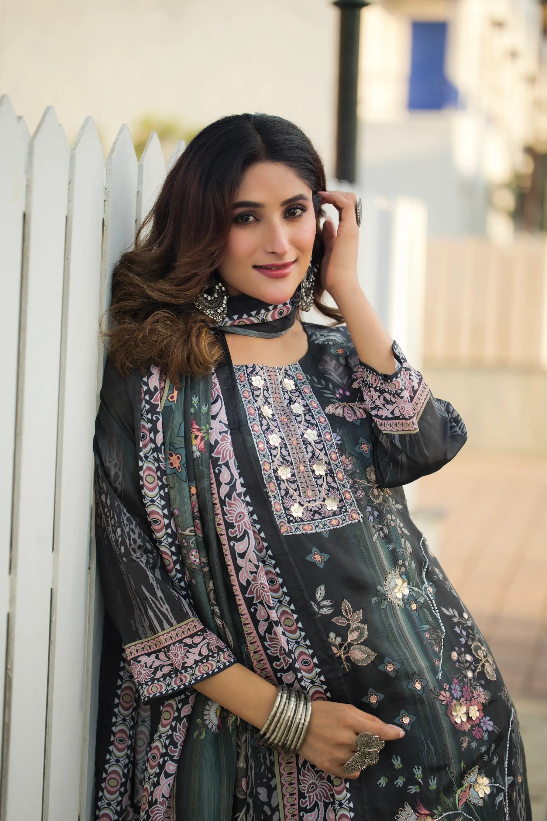 Grey Green Chinon Salwar Suit With Print & Hand Work - qivii