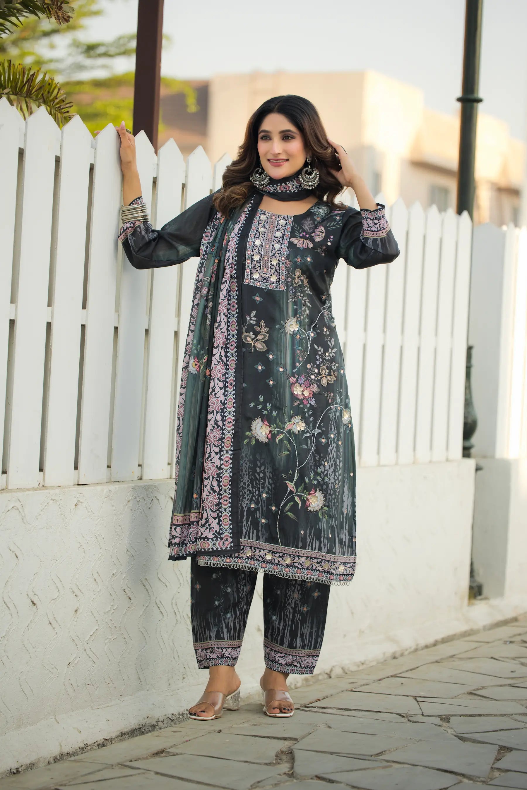 Grey Green Chinon Salwar Suit With Print & Hand Work - qivii