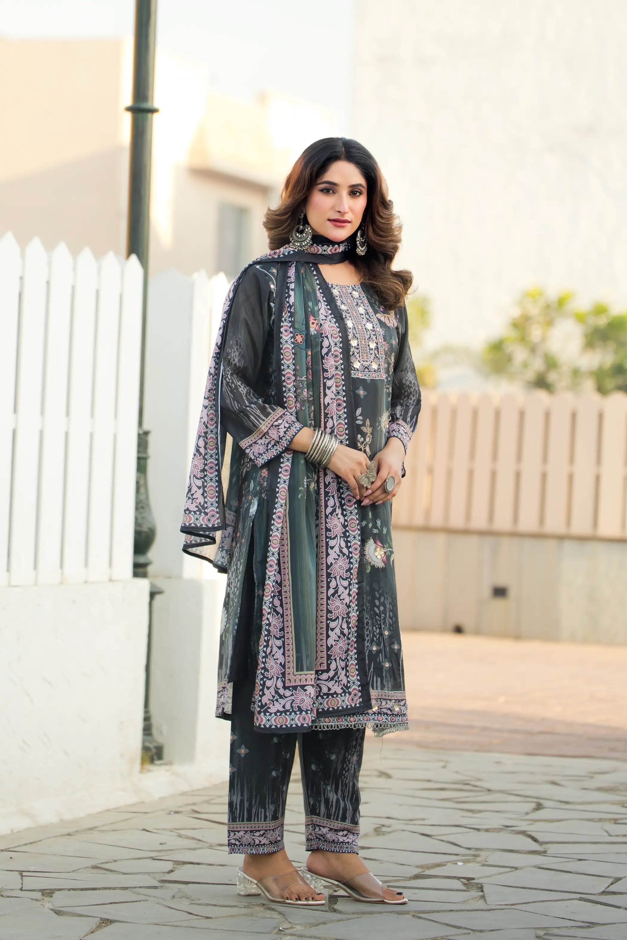 Grey Green Chinon Salwar Suit With Print & Hand Work - qivii