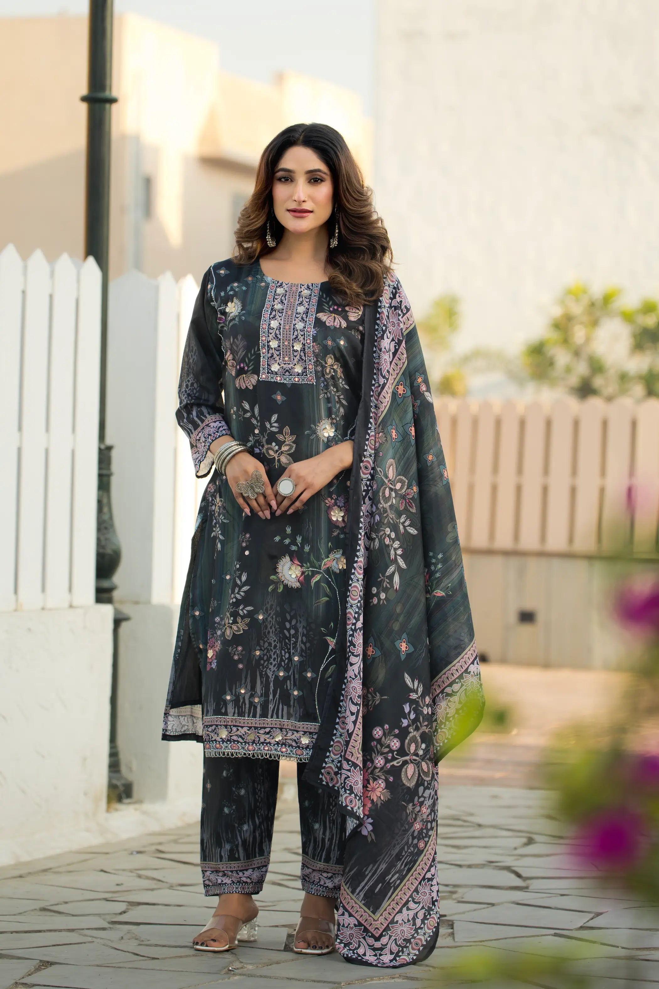 Grey Green Chinon Salwar Suit With Print & Hand Work - qivii