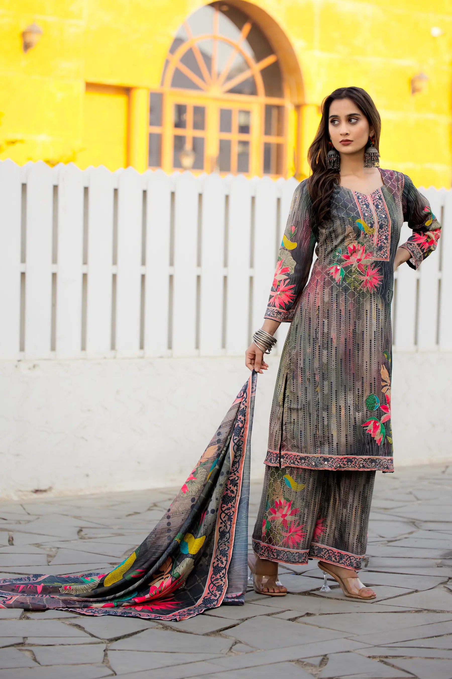 Grey Multicolor Chinon Salwar Suit With Print & Hand Work - qivii