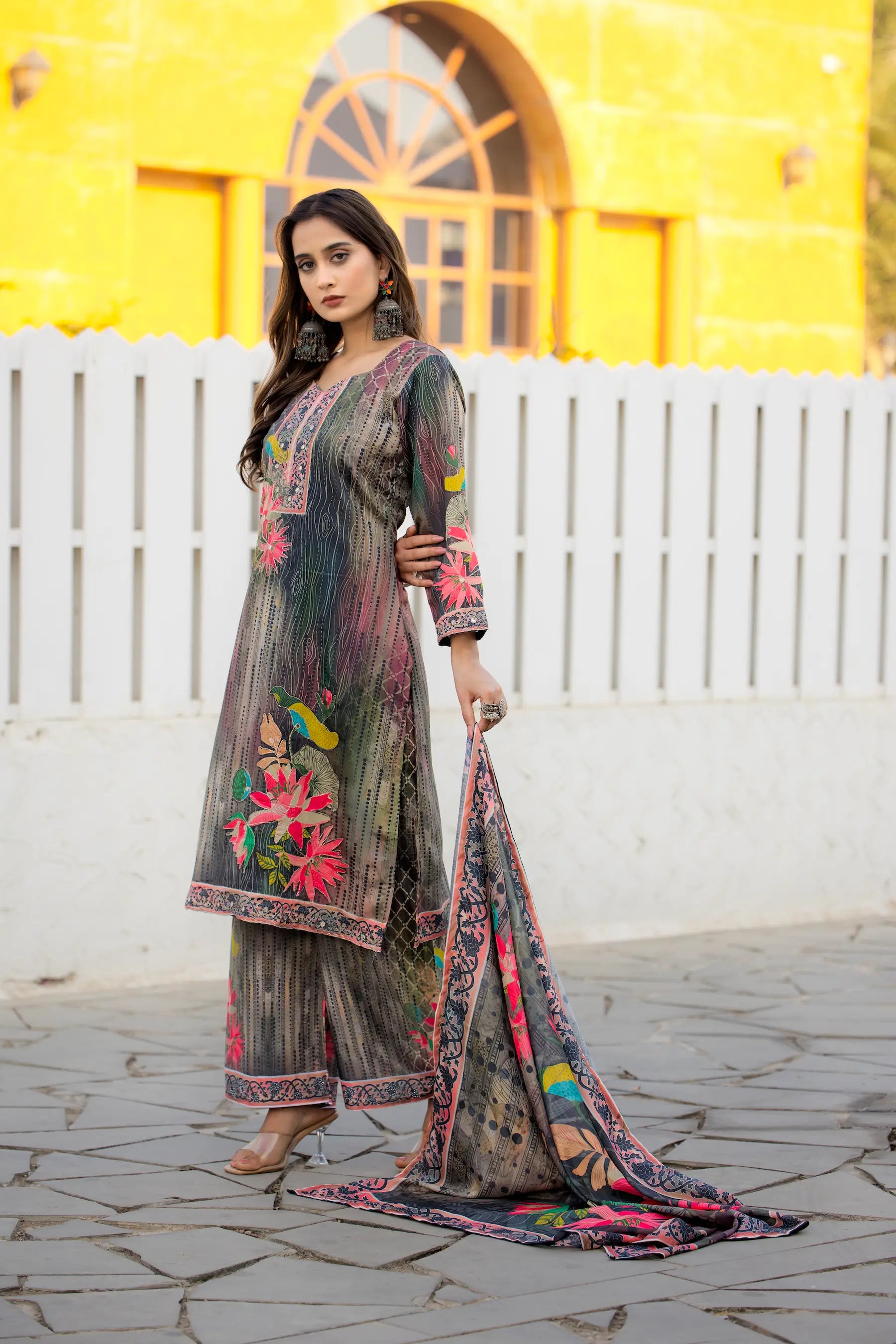 Grey Multicolor Chinon Salwar Suit With Print & Hand Work - qivii