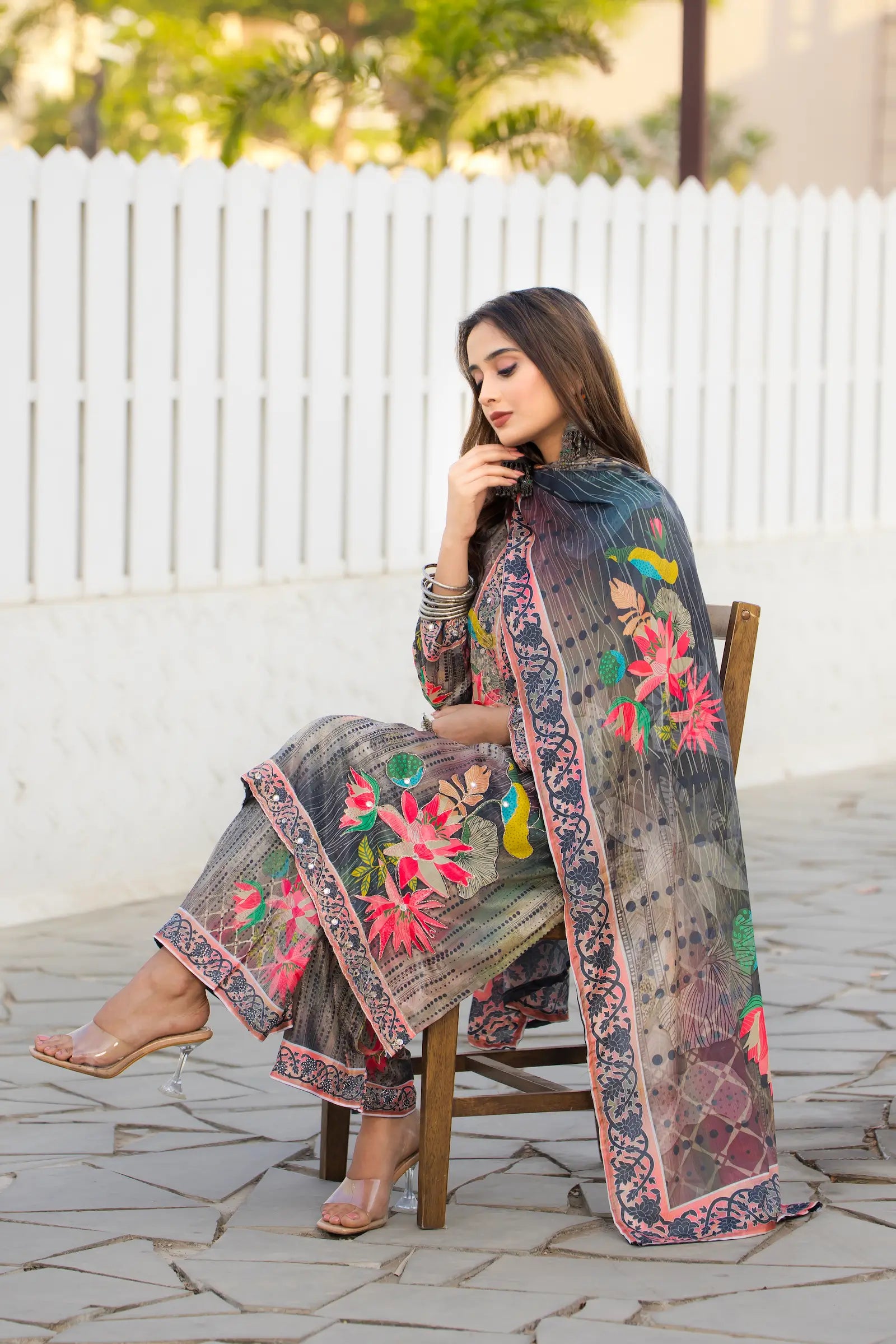 Grey Multicolor Chinon Salwar Suit With Print & Hand Work - qivii