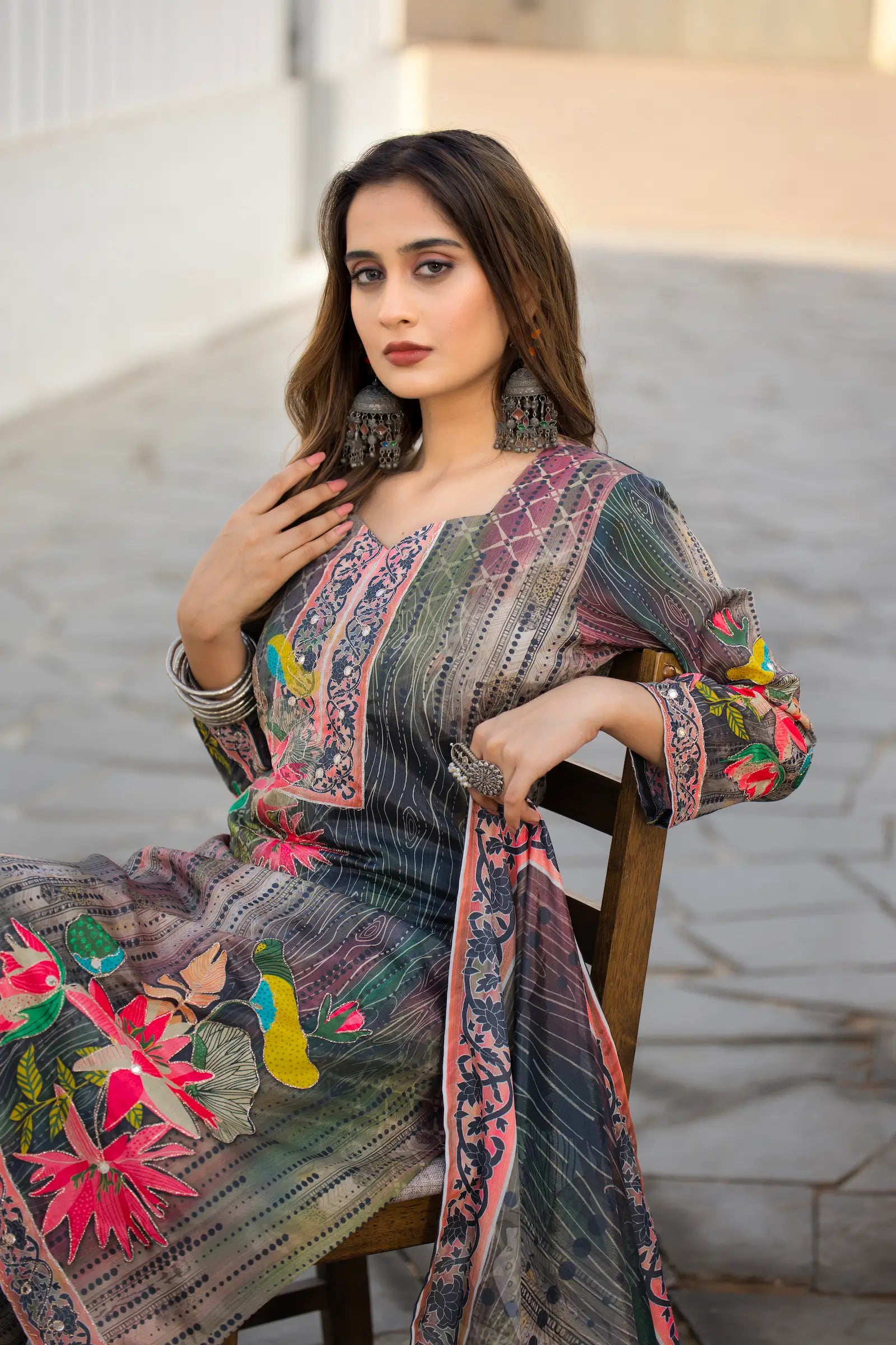 Grey Multicolor Chinon Salwar Suit With Print & Hand Work - qivii