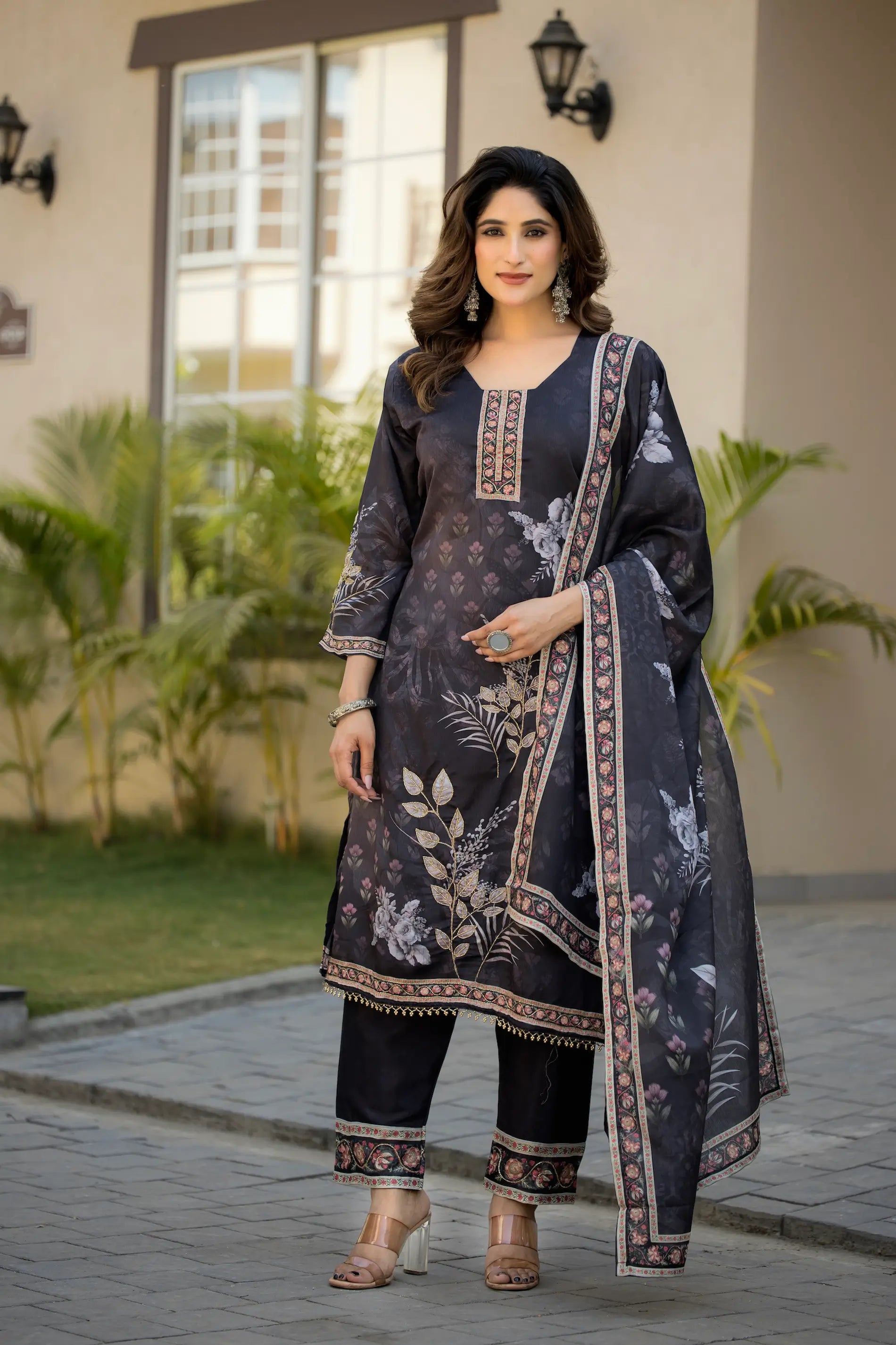 Dark Grey Chinon Salwar Suit With Print & Hand Work - qivii