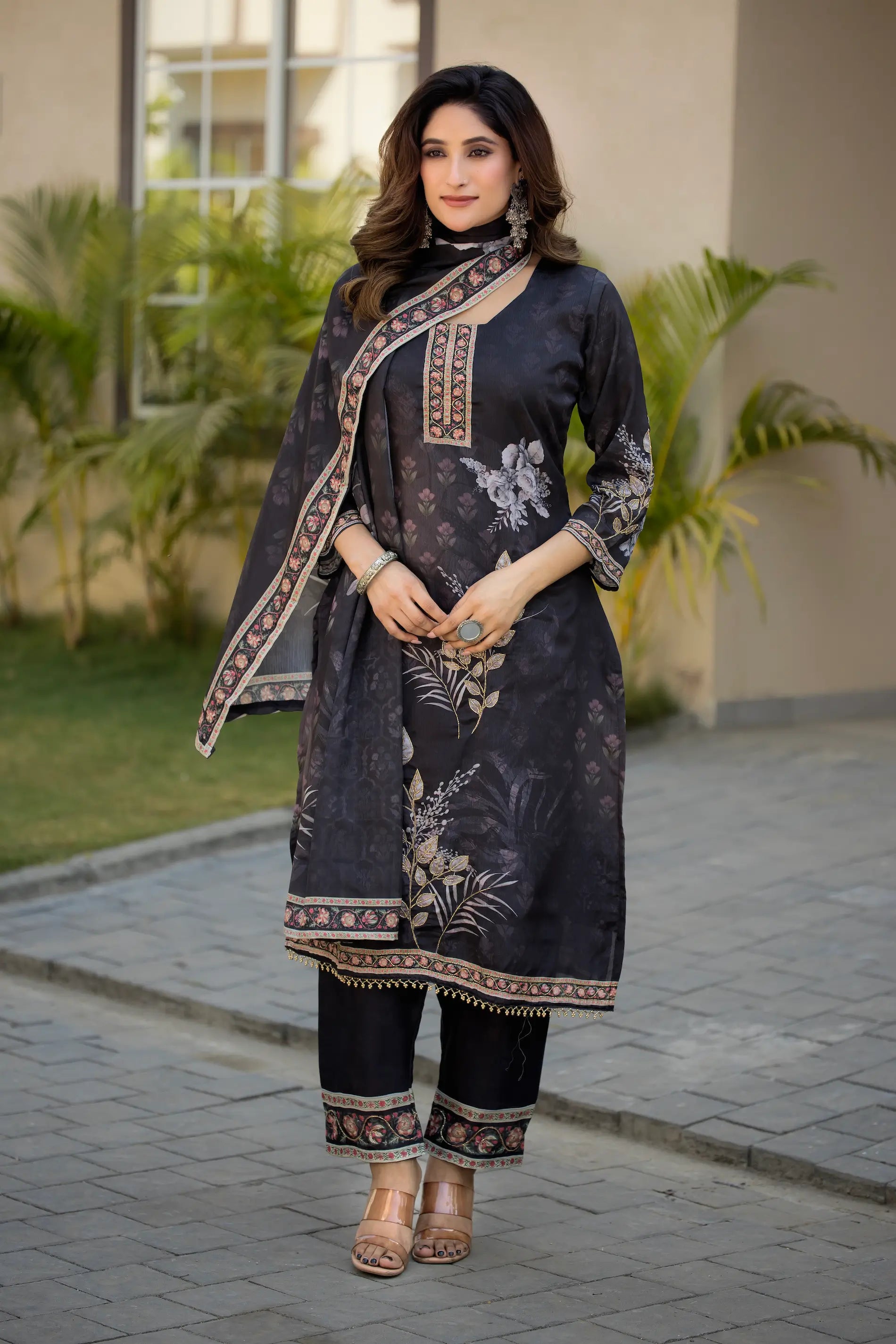 Dark Grey Chinon Salwar Suit With Print & Hand Work - qivii