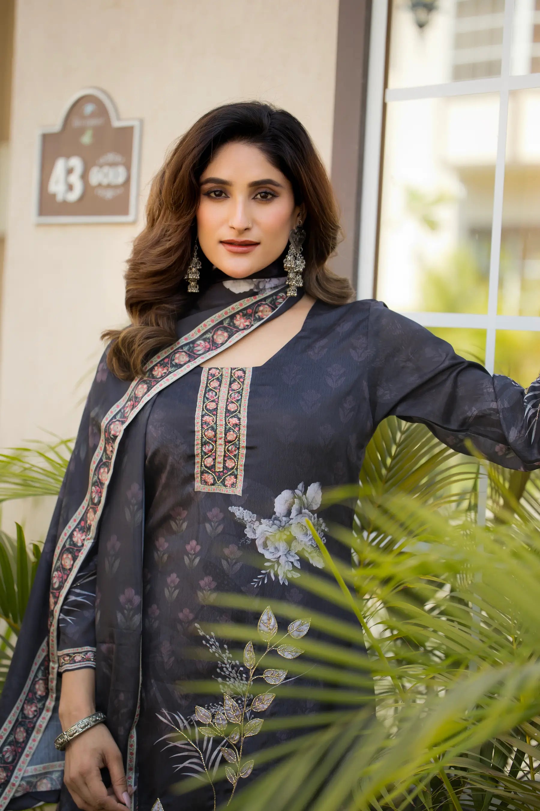 Dark Grey Chinon Salwar Suit With Print & Hand Work - qivii