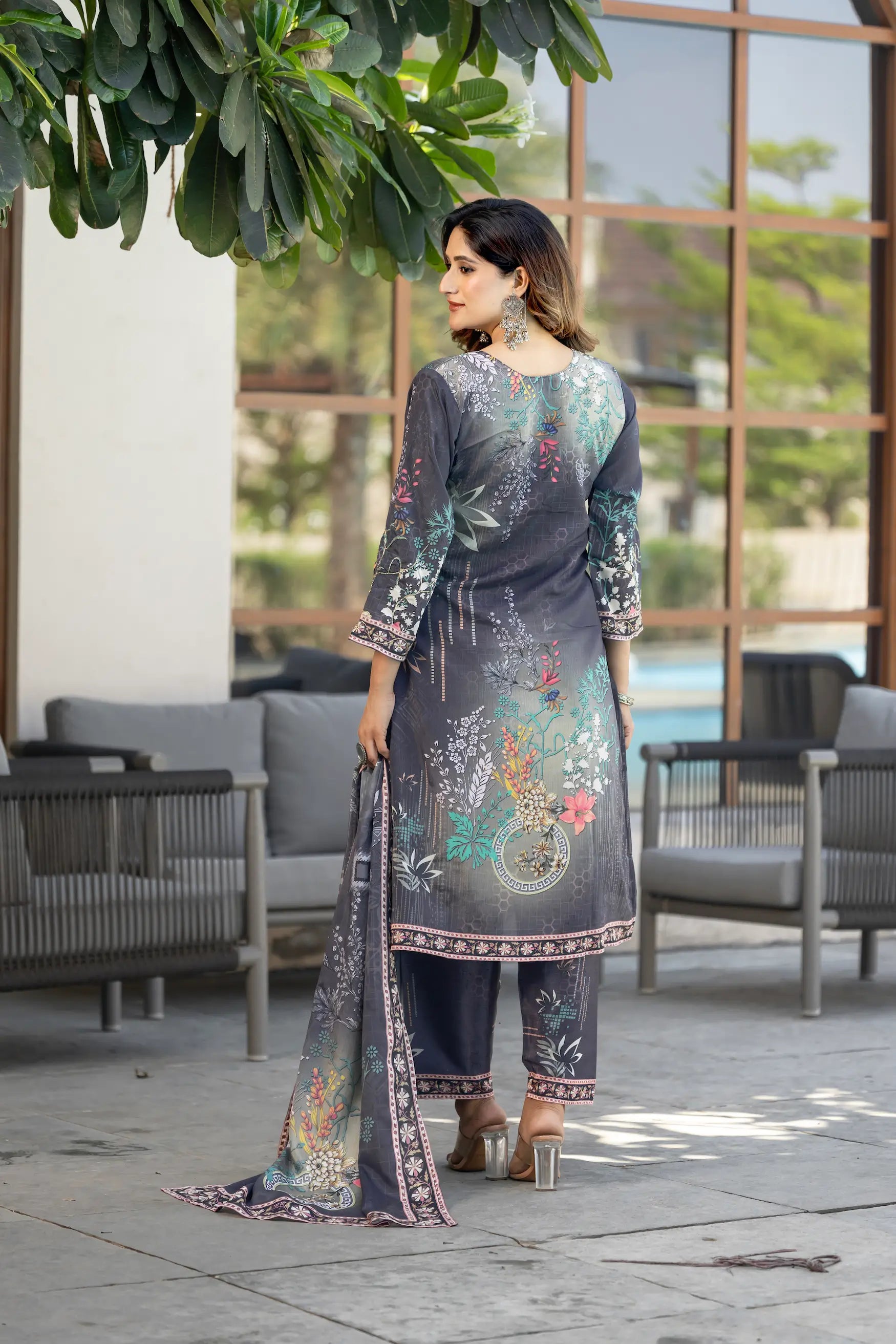 Grey Chinon Salwar Suit With Print & Hand Work - qivii