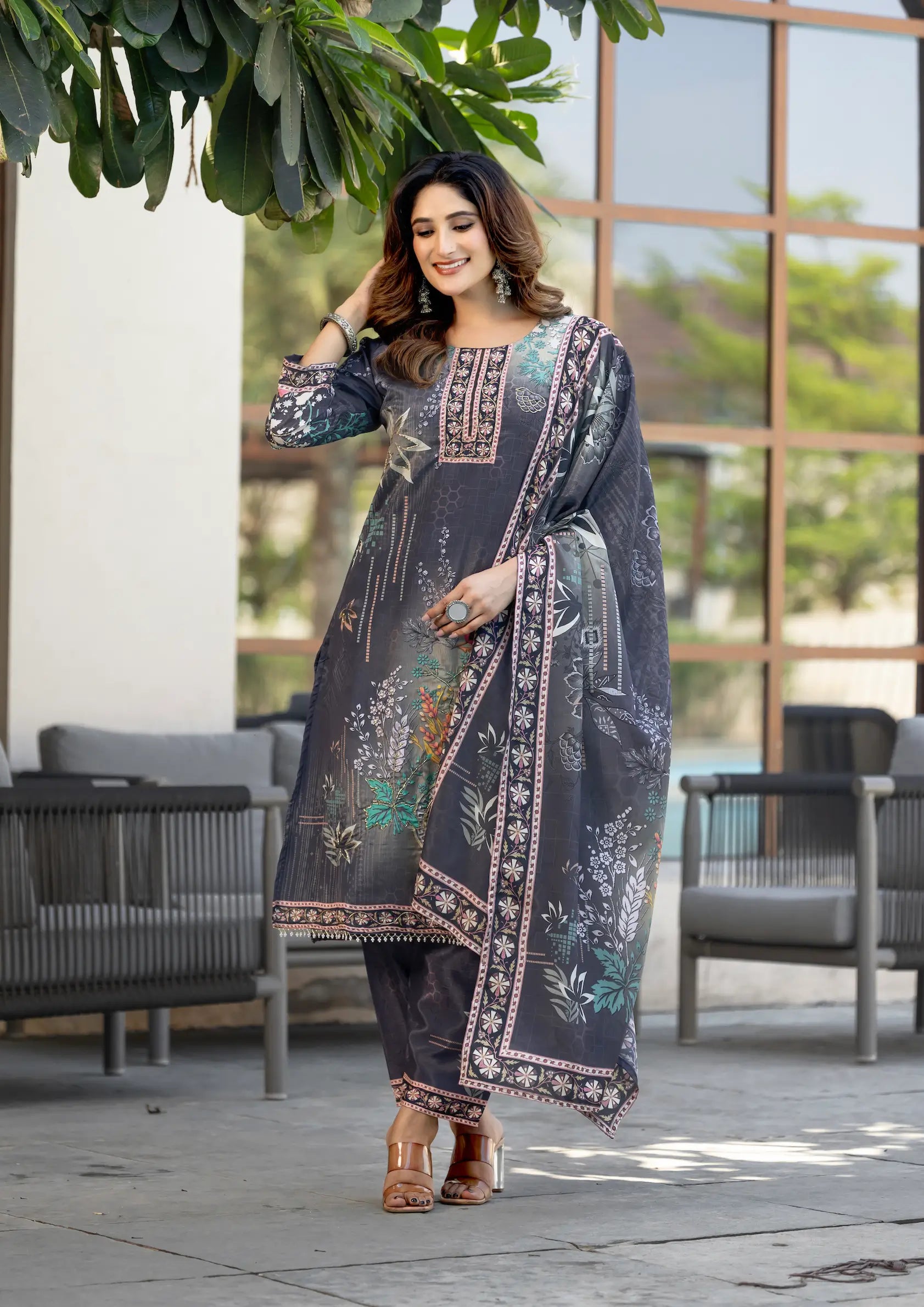 Grey Chinon Salwar Suit With Print & Hand Work - qivii