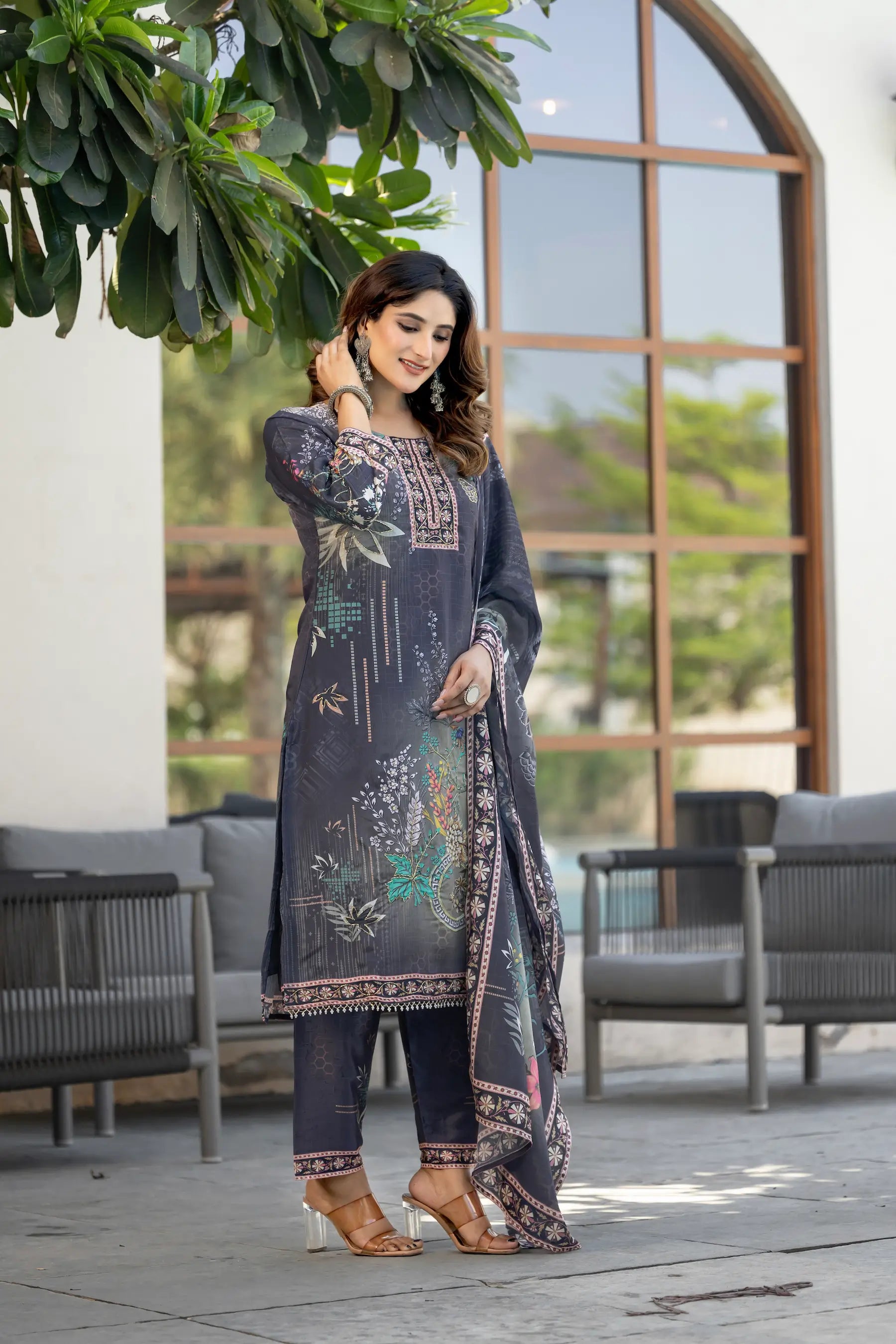 Grey Chinon Salwar Suit With Print & Hand Work - qivii