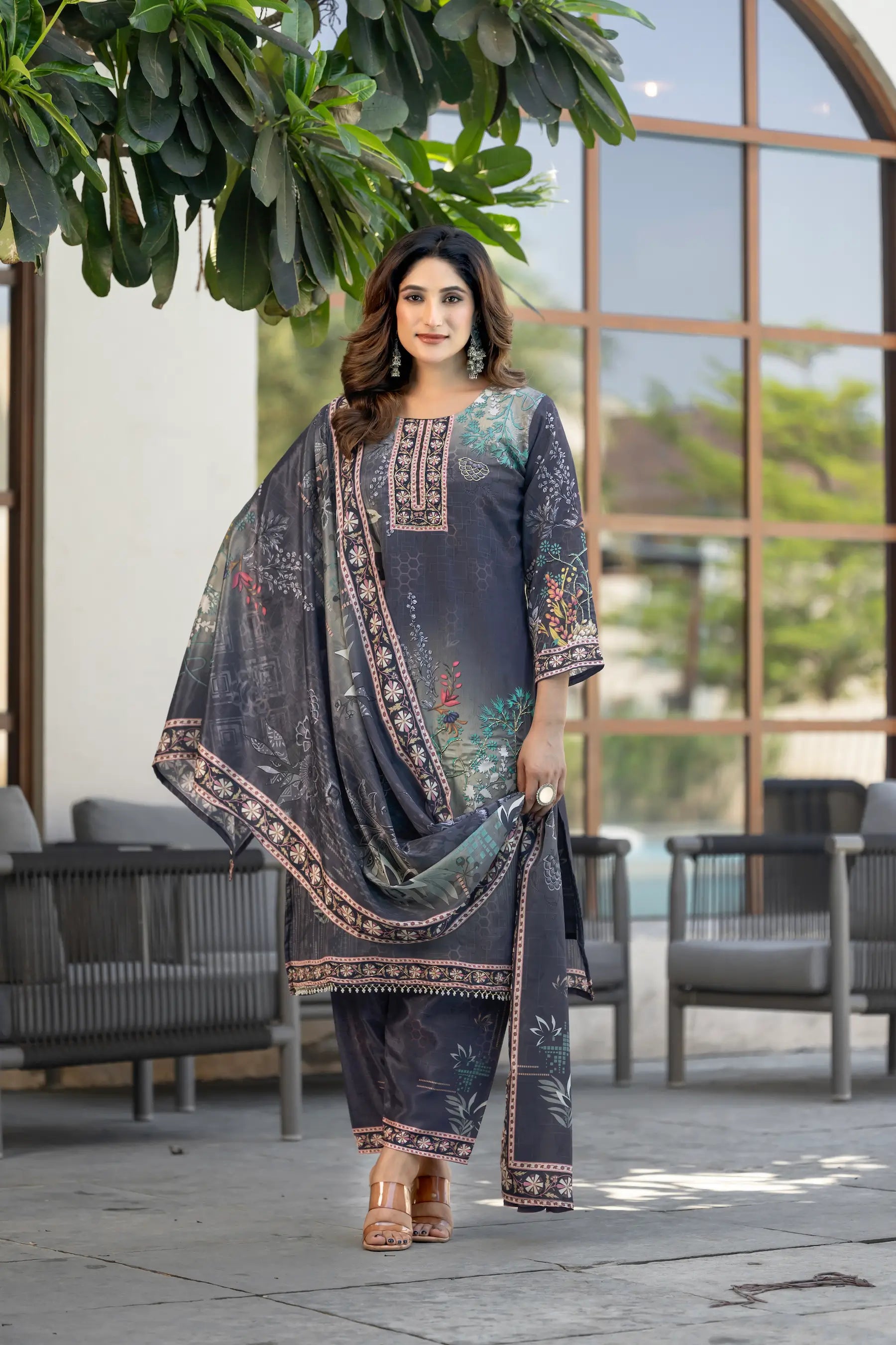 Grey Chinon Salwar Suit With Print & Hand Work