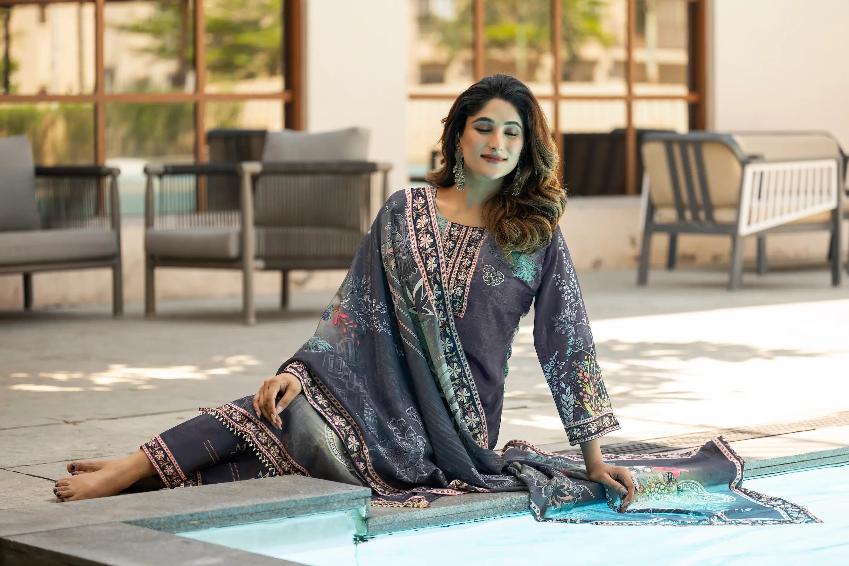 Grey Chinon Salwar Suit With Print & Hand Work - qivii