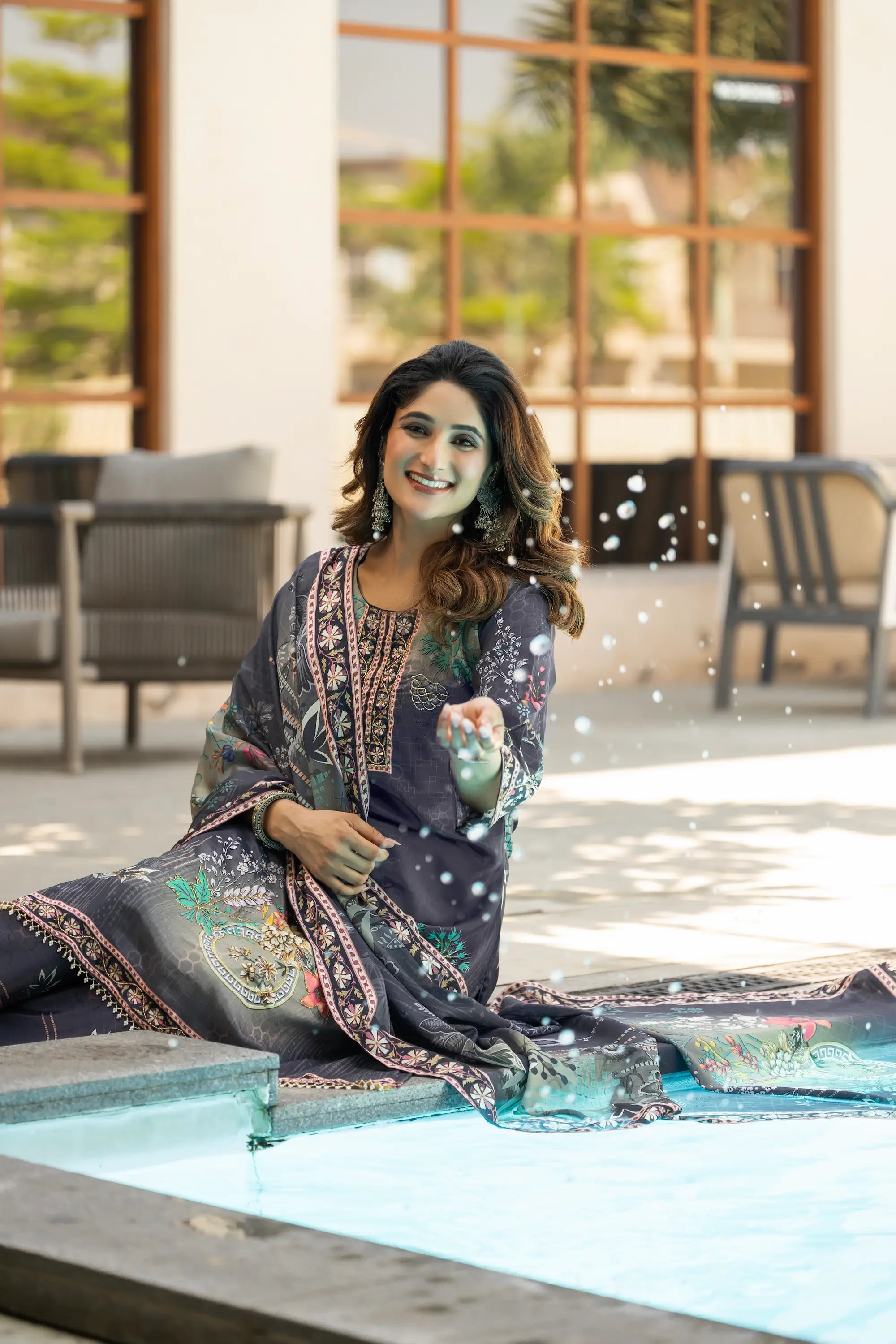 Grey Chinon Salwar Suit With Print & Hand Work - qivii