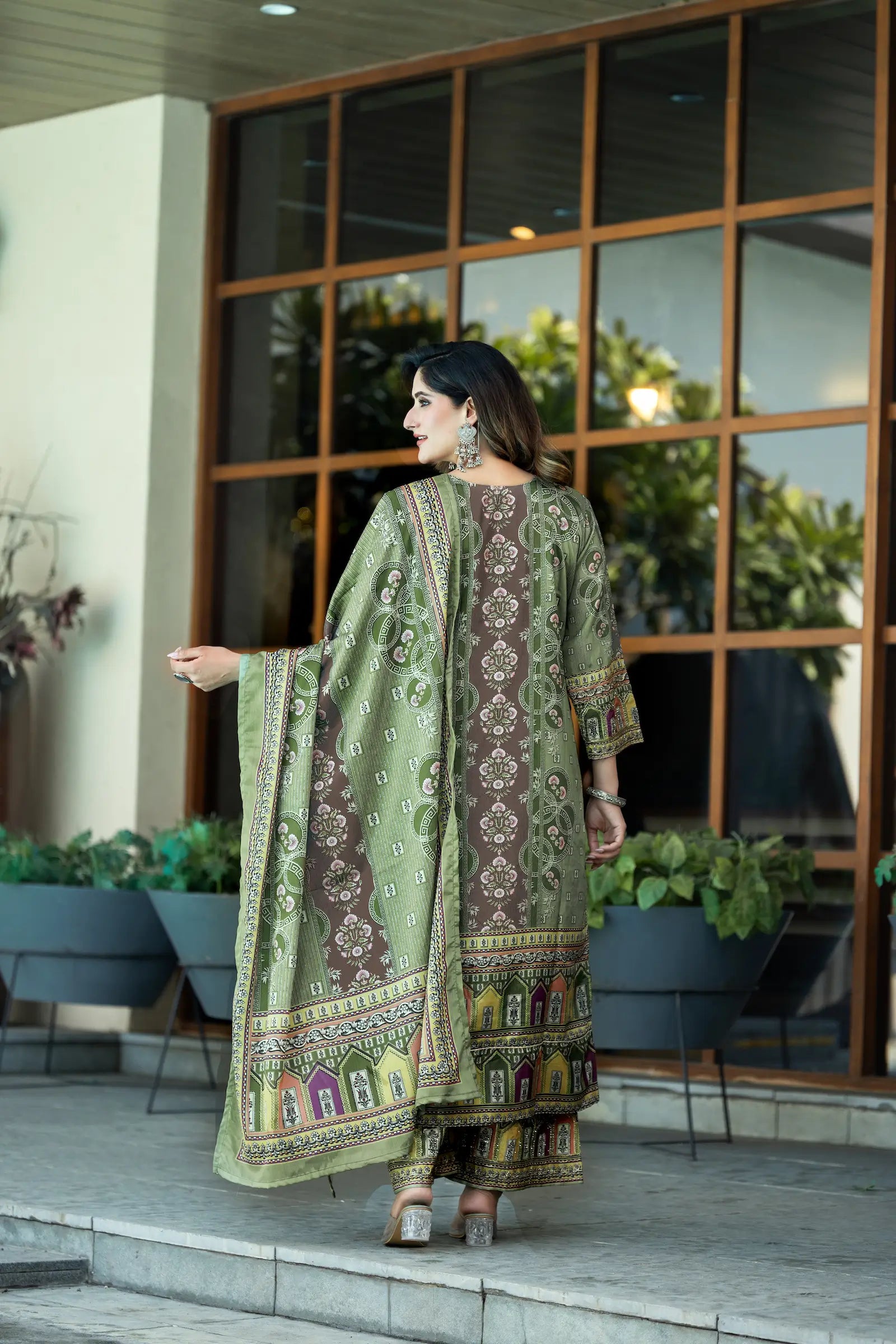 Pastel Green Chinon Salwar Suit With Print & Hand Work - qivii