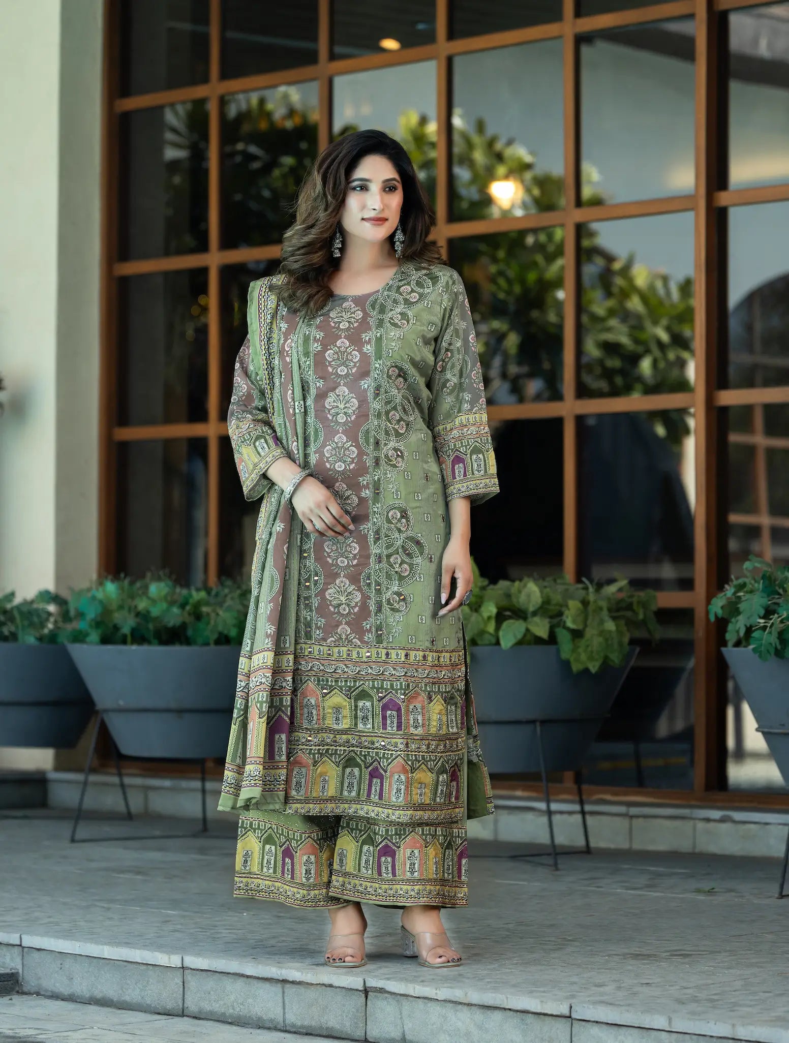 Pastel Green Chinon Salwar Suit With Print & Hand Work - qivii