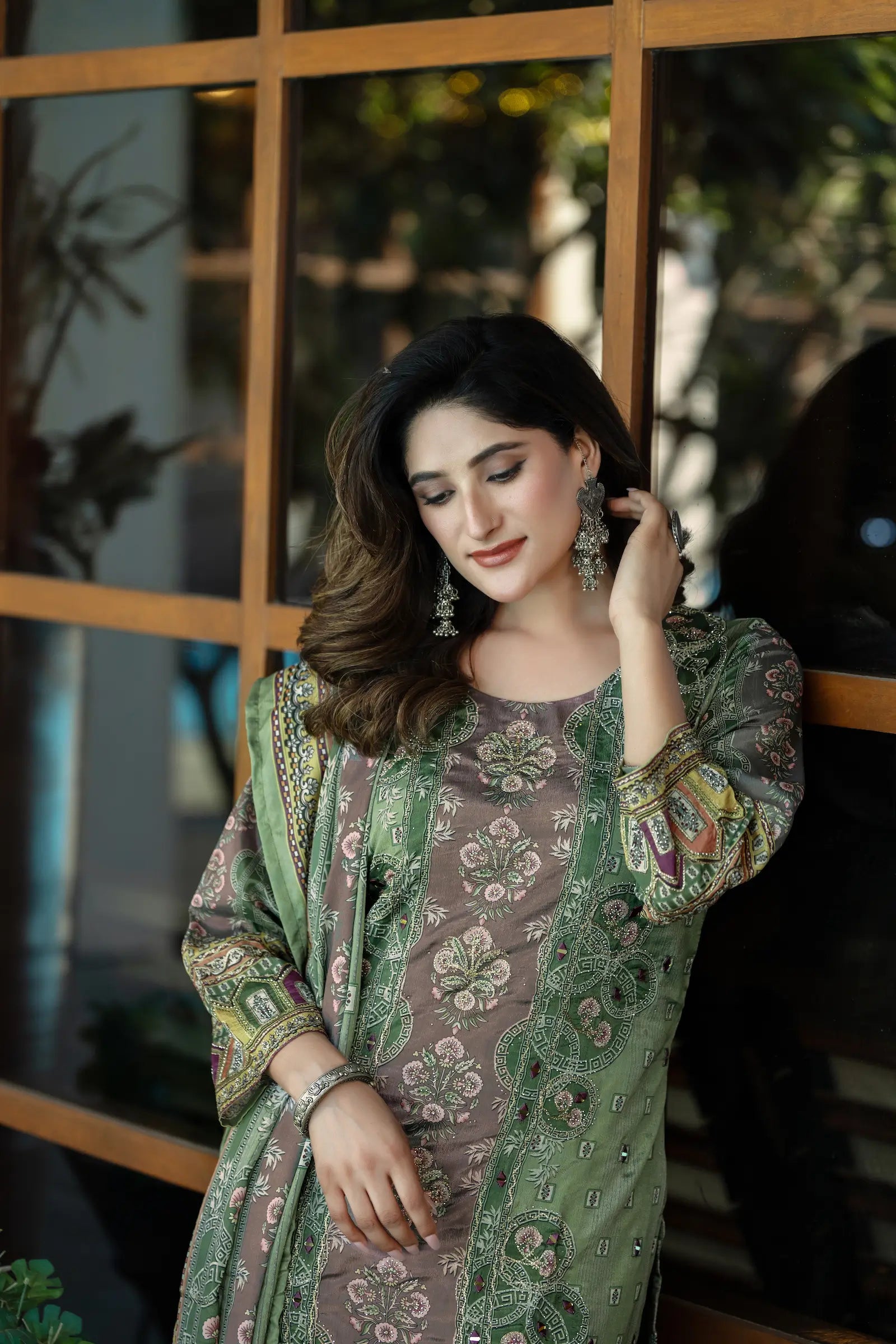 Pastel Green Chinon Salwar Suit With Print & Hand Work - qivii