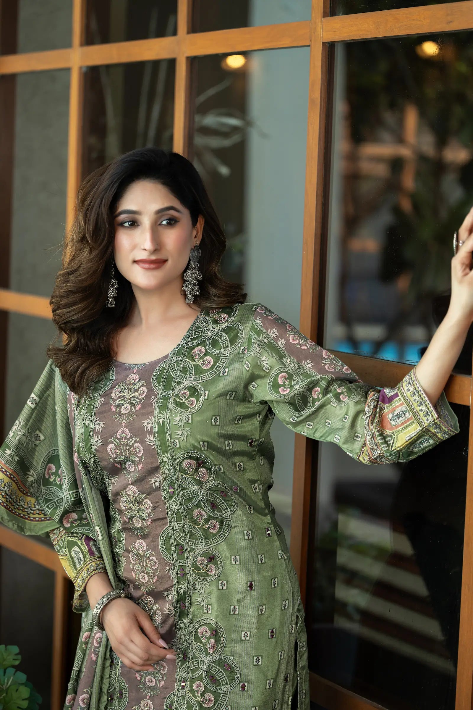 Pastel Green Chinon Salwar Suit With Print & Hand Work - qivii