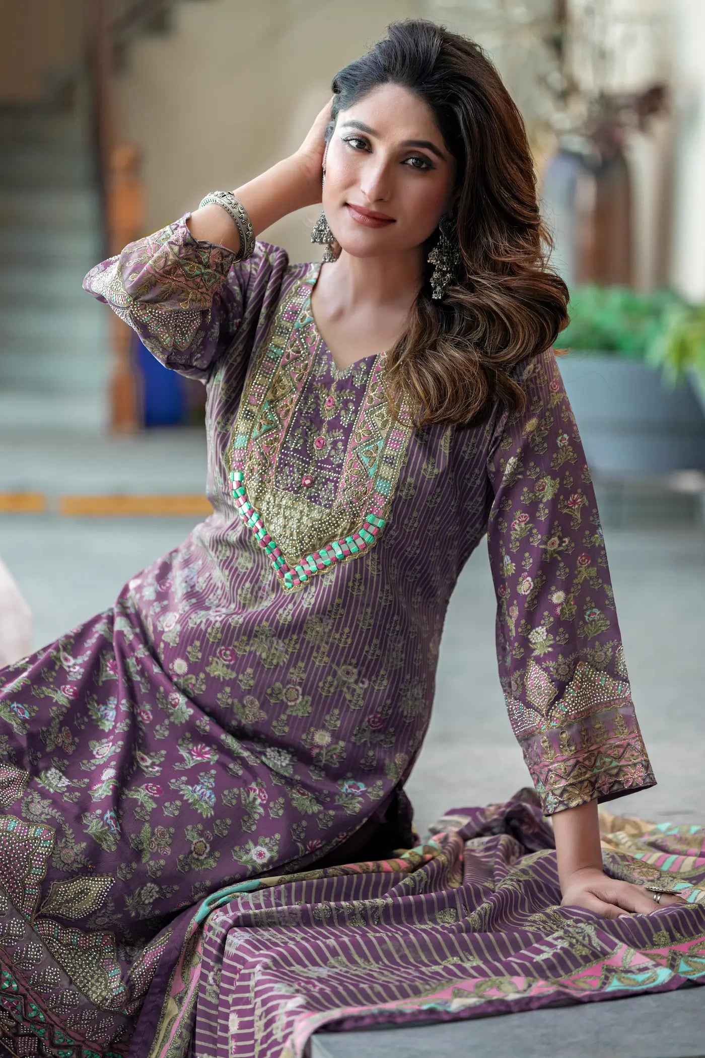 Dusty Purple Chinon Salwar Suit With Print & Hand Work - qivii